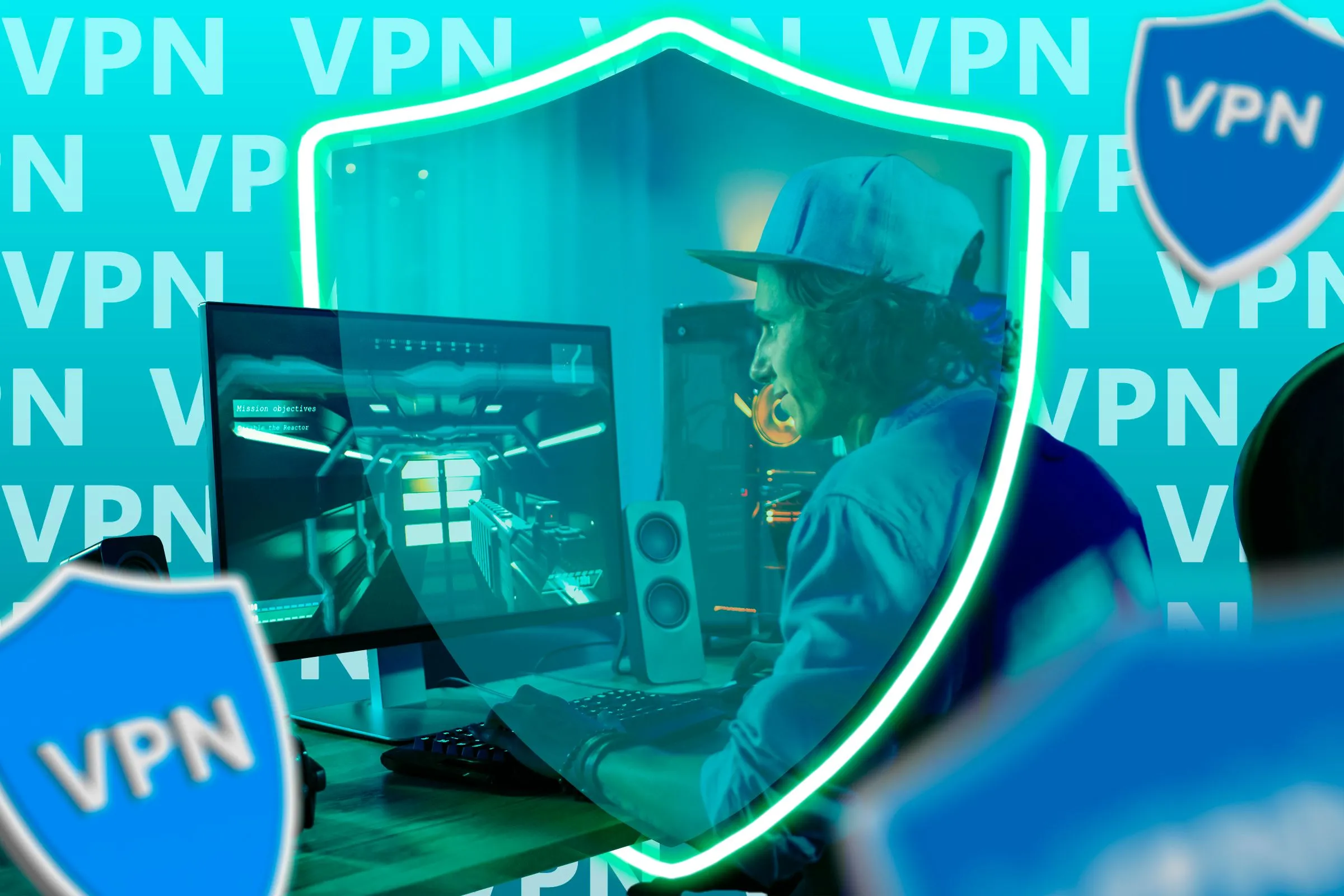 Game thủ chơi game trên máy tính, được bảo vệ bởi các biểu tượng lá chắn VPN, thể hiện tầm quan trọng của VPN trong việc mã hóa lưu lượng internet và bảo mật trực tuyến.