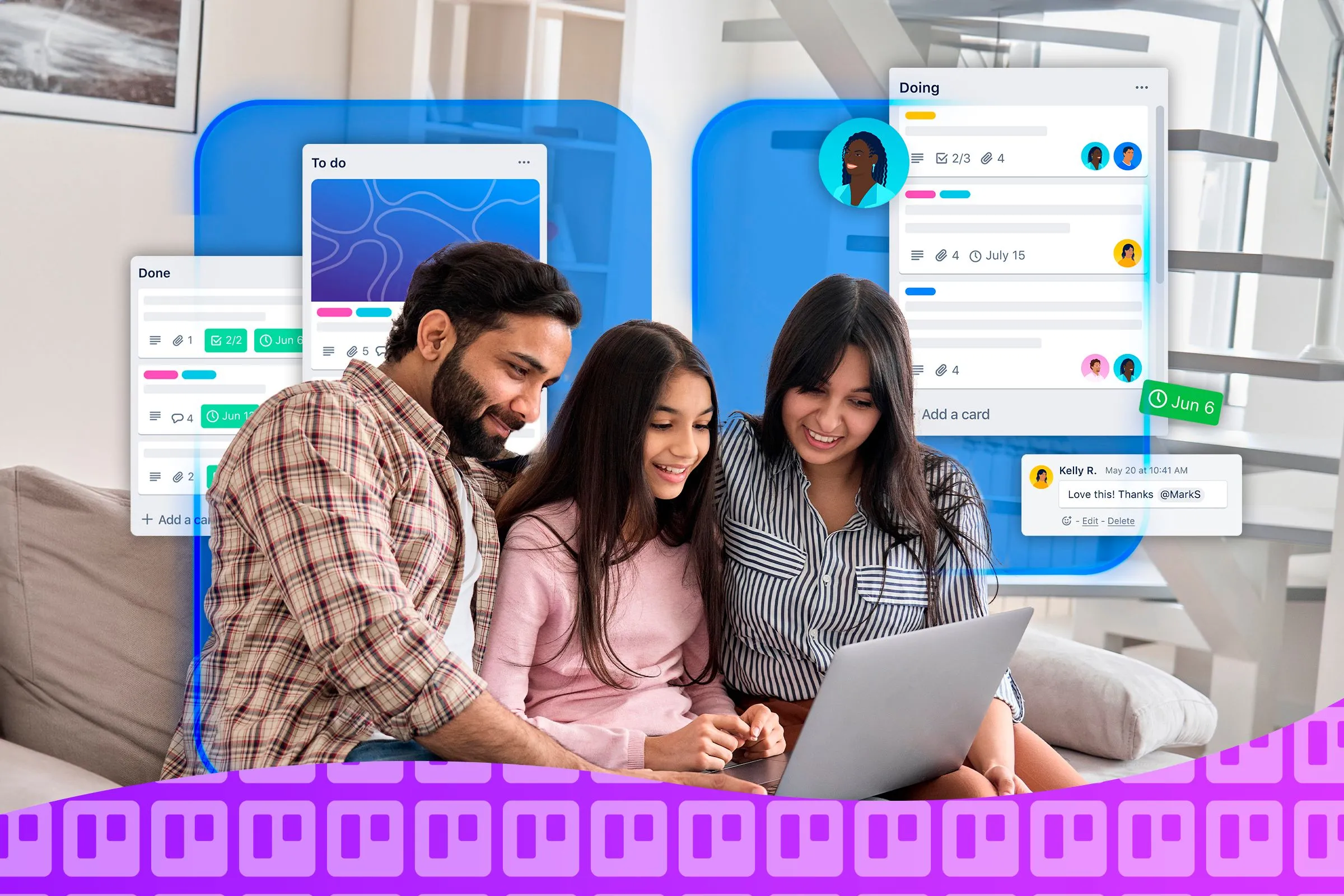 Gia đình đang sử dụng laptop, phía sau có các thẻ Trello, minh họa cho việc quản lý dự án và các tác vụ công việc