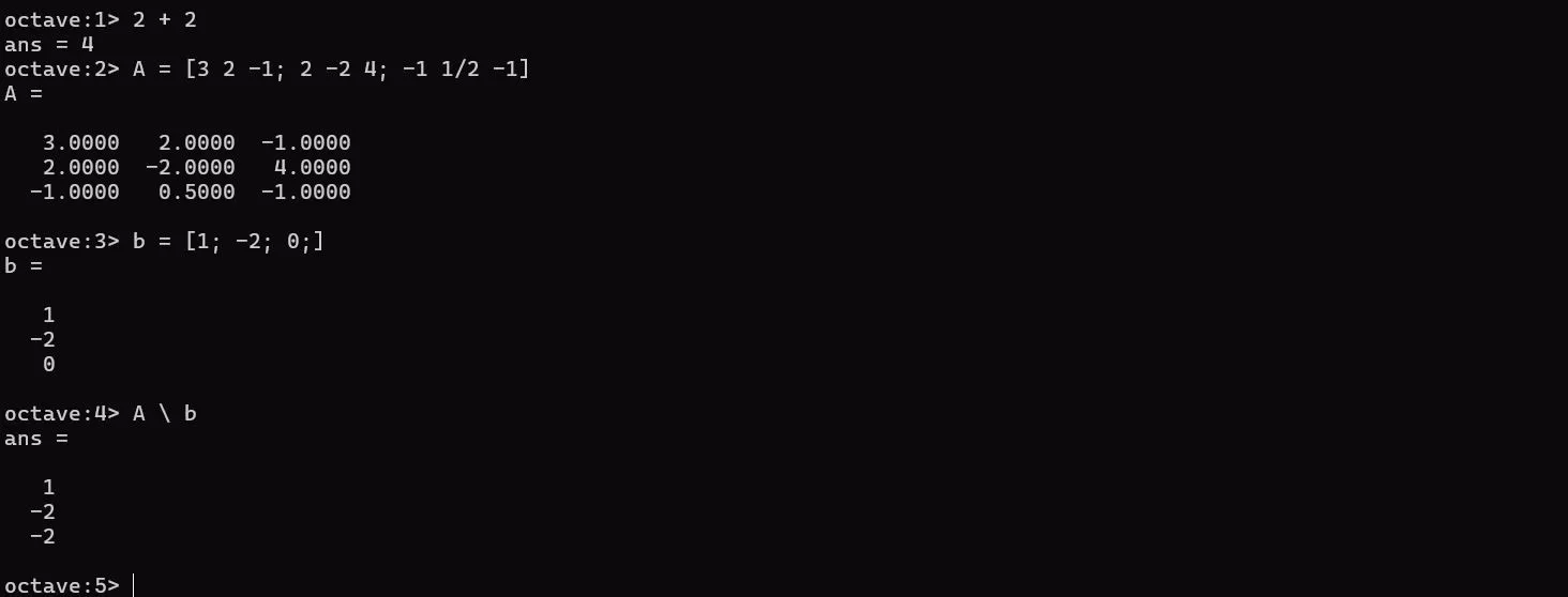 Giải hệ phương trình tuyến tính bằng GNU Octave trong terminal Linux, hiển thị kết quả