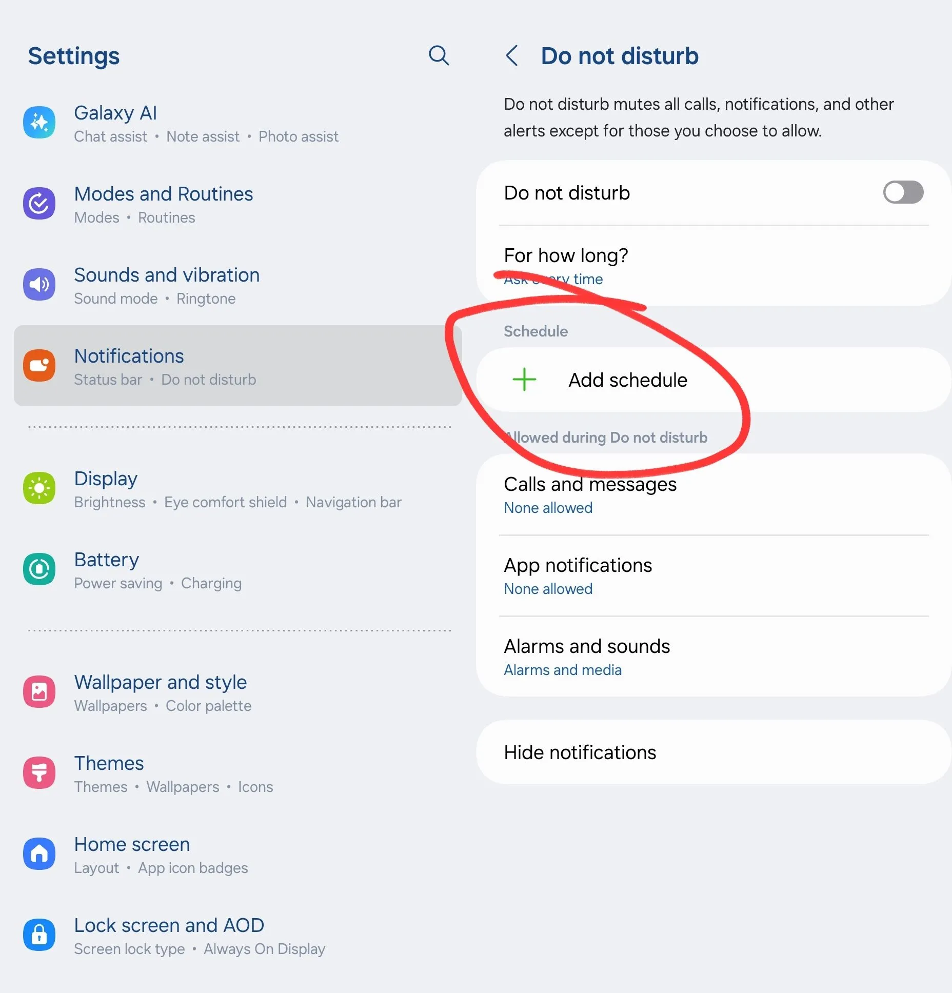 Giao diện cài đặt &quot;Không Làm Phiền&quot; trên Android, minh họa tùy chọn &quot;Lịch trình&quot; để tự động bật/tắt.