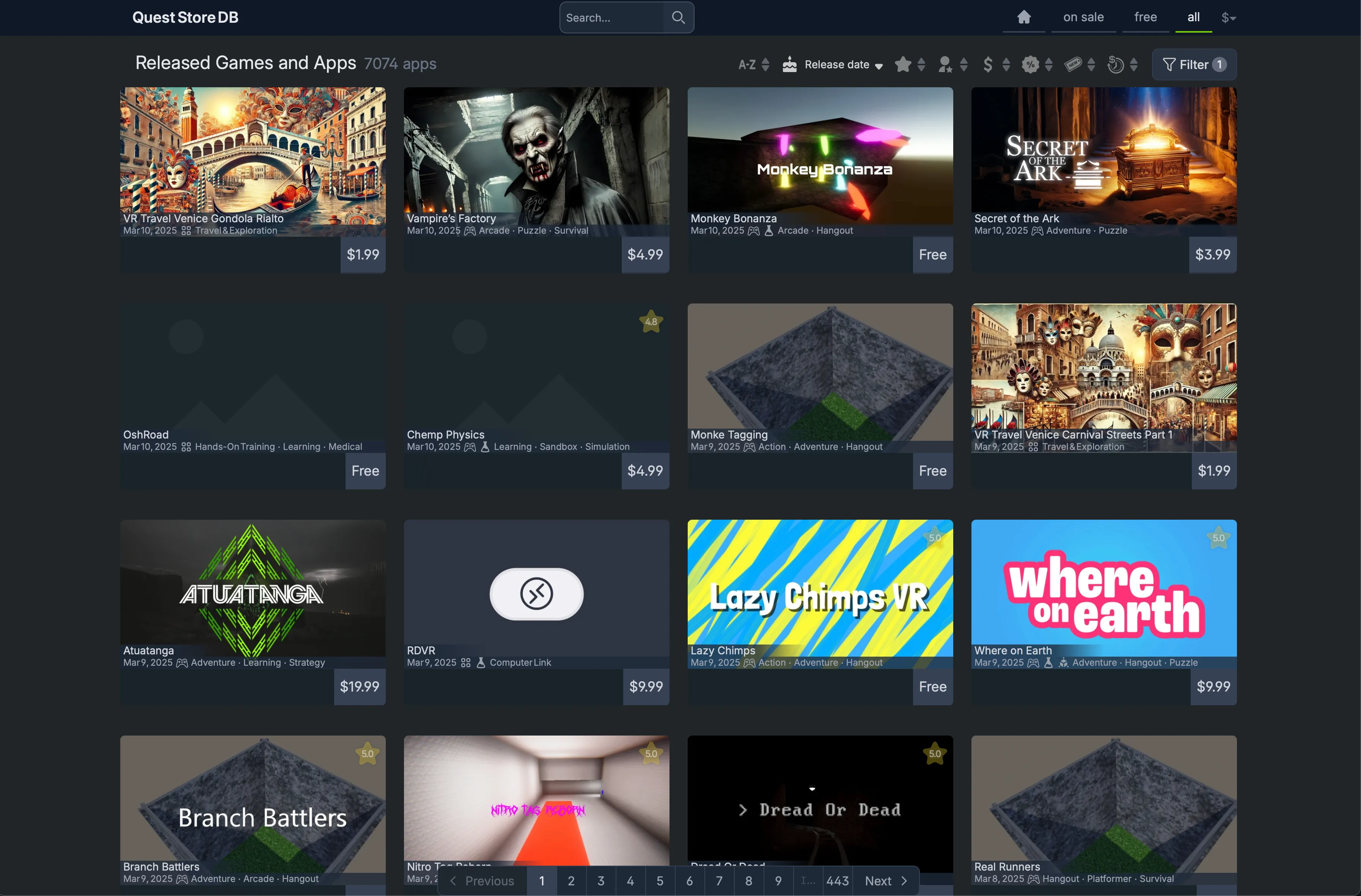 Giao diện công cụ Quest Store DB hiển thị danh sách các trò chơi trên Meta Horizon Store, minh họa cách nhận diện game rác.