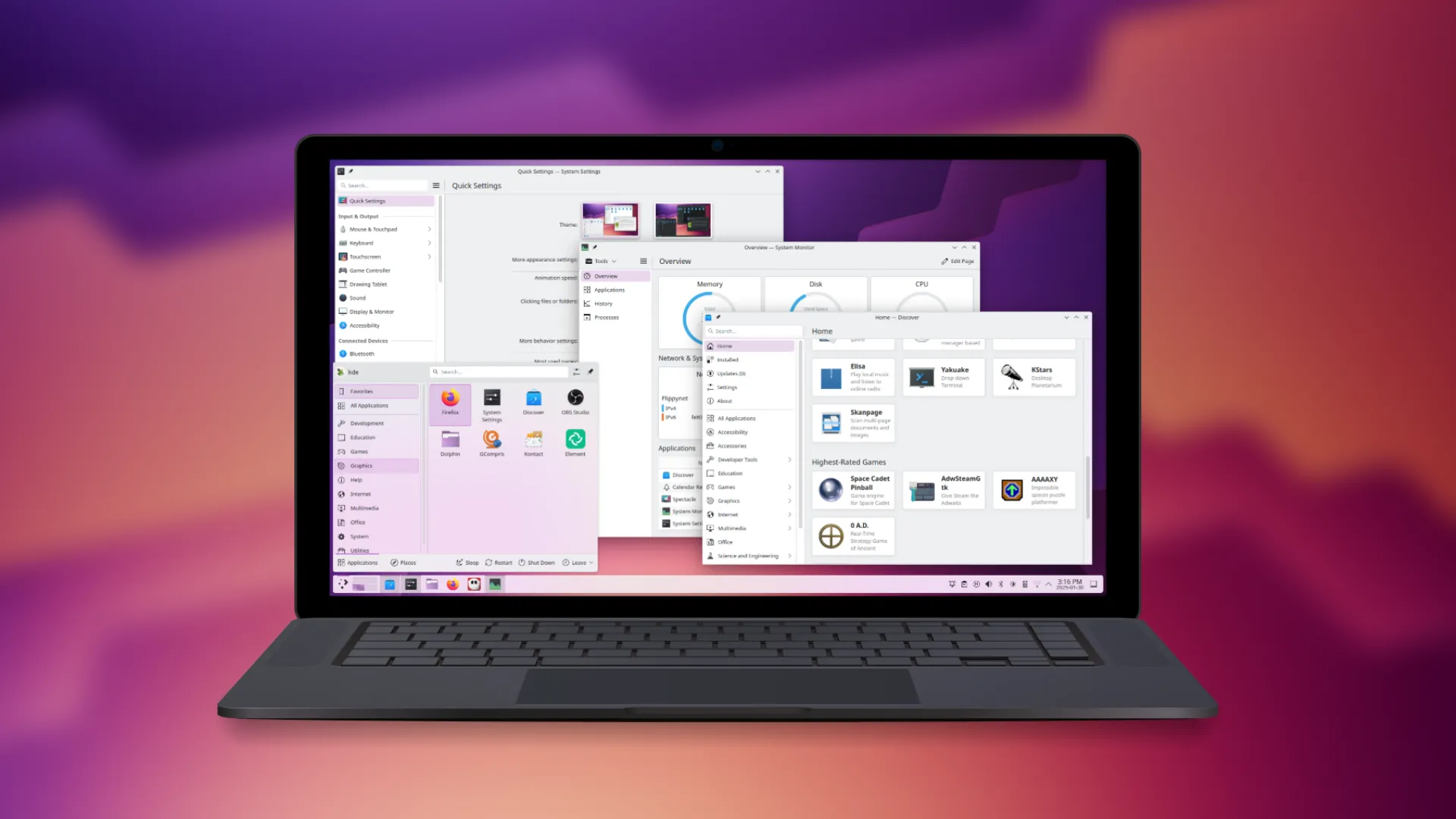 Giao diện desktop KDE Plasma với hình nền màu tím vàng