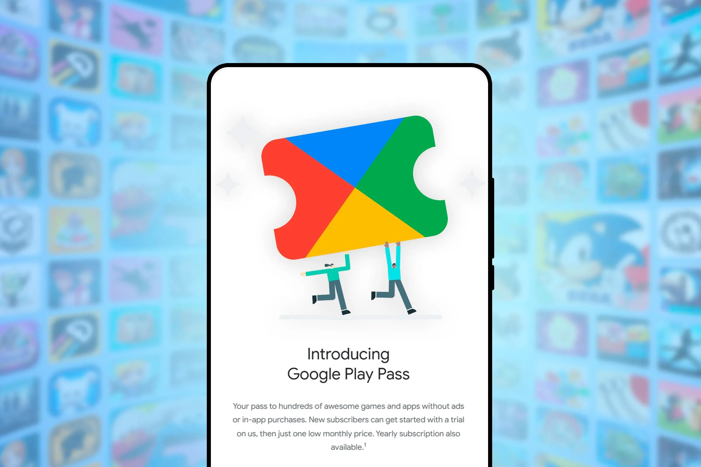 Giao diện dịch vụ Google Play Pass trên màn hình điện thoại thông minh, thể hiện lợi ích của các gói đăng ký game di động cho gia đình.
