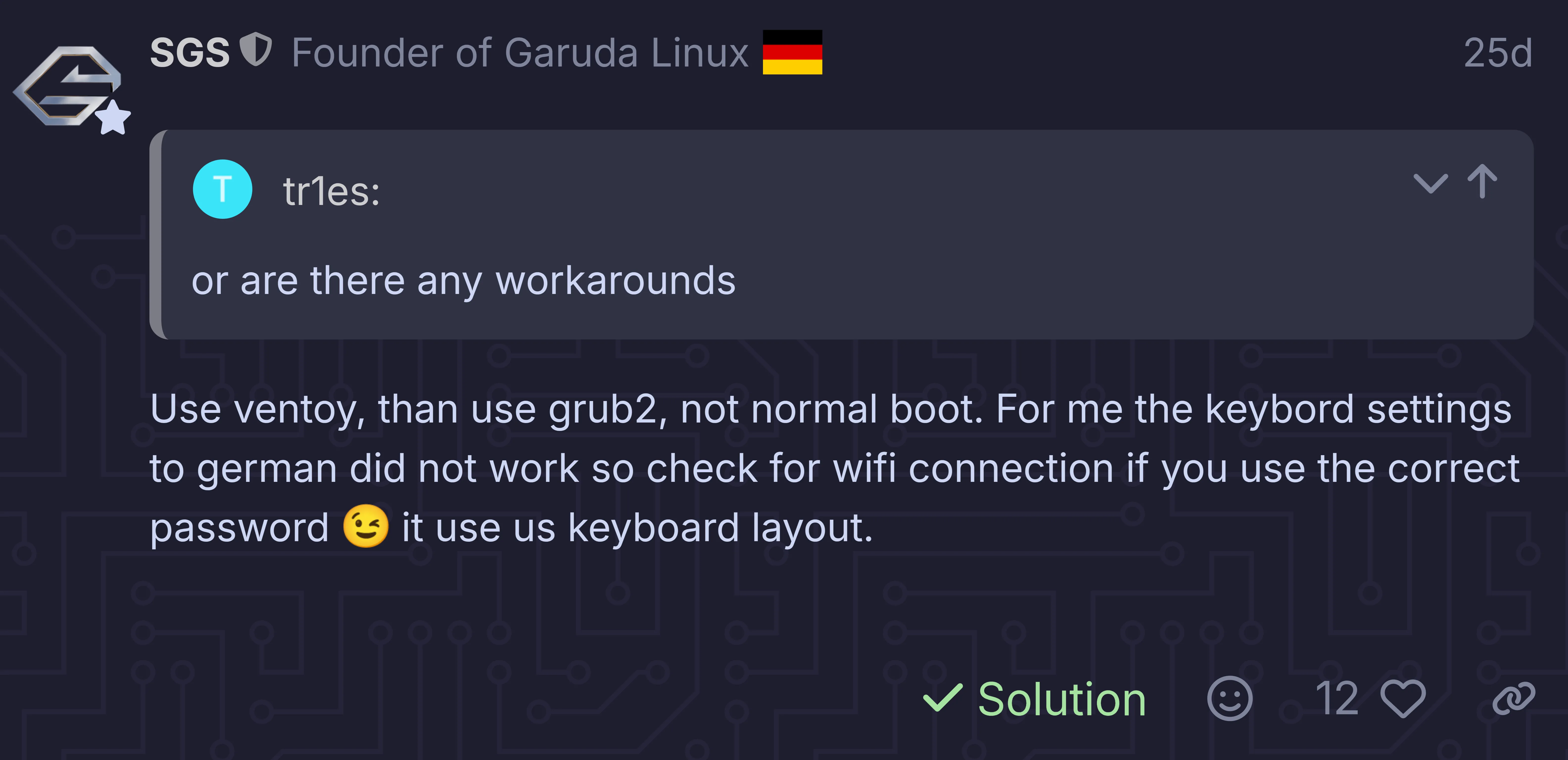 Giao diện diễn đàn Garuda Linux với bài viết hướng dẫn sử dụng Ventoy để khắc phục lỗi boot USB cài đặt.