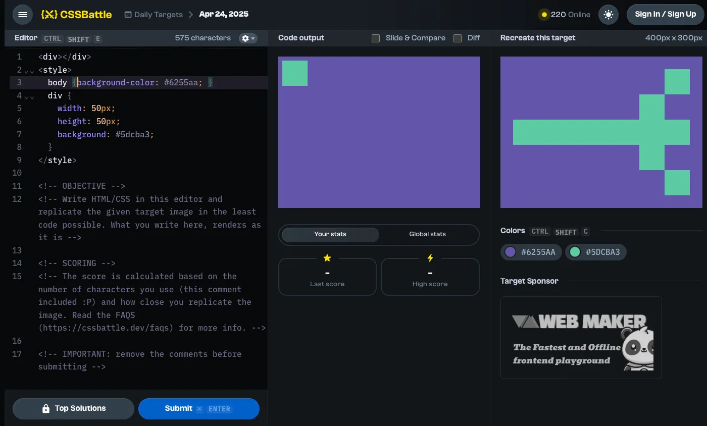 Giao diện game CSSBattle hiển thị ảnh xem trước mã CSS và hình dạng mục tiêu cần tái tạo.