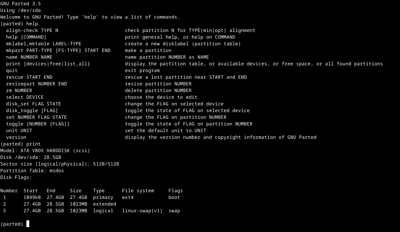 Giao diện GNU Parted hiển thị bảng phân vùng ổ đĩa trong cửa sổ terminal Linux.