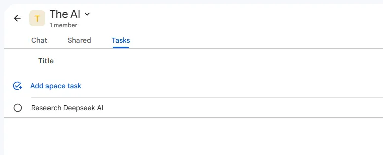 Giao diện Google Chat Spaces với tab &quot;Tasks&quot; cho phép tạo và gán nhiệm vụ nhóm.