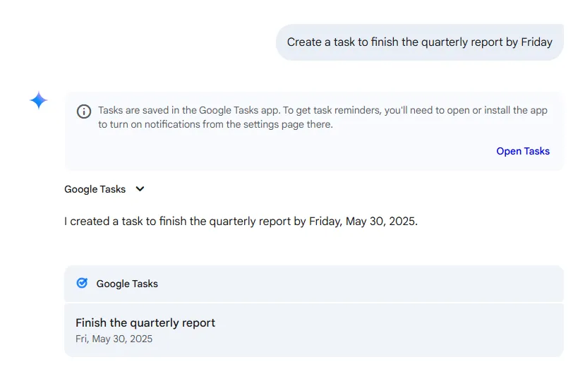 Giao diện Google Gemini minh họa việc tạo tác vụ Google Tasks bằng câu lệnh ngôn ngữ tự nhiên.