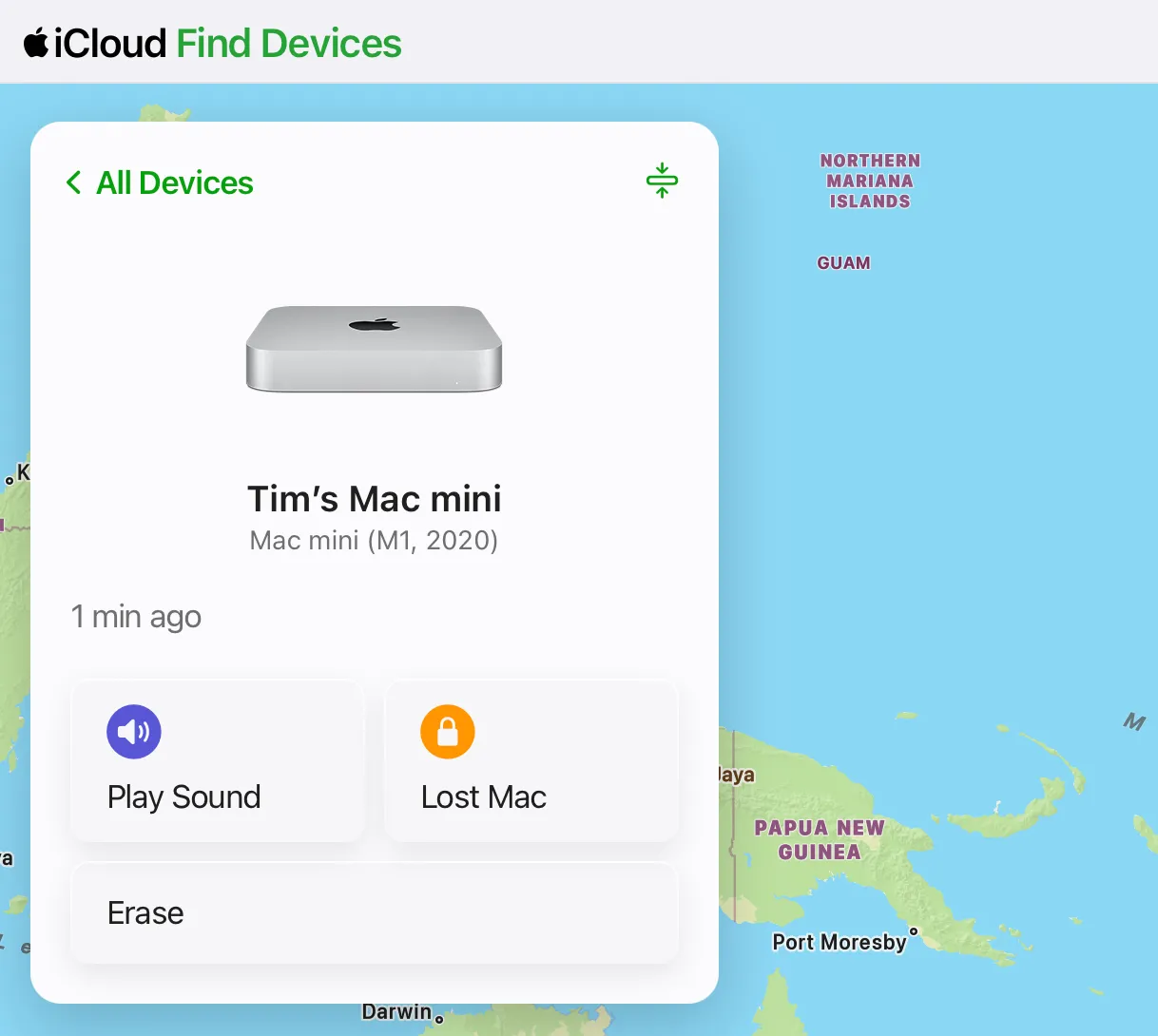 Giao diện iCloud.com/find hiển thị các bước xóa và gỡ bỏ một thiết bị Mac Mini khỏi tài khoản iCloud, cần thiết để gỡ Activation Lock.