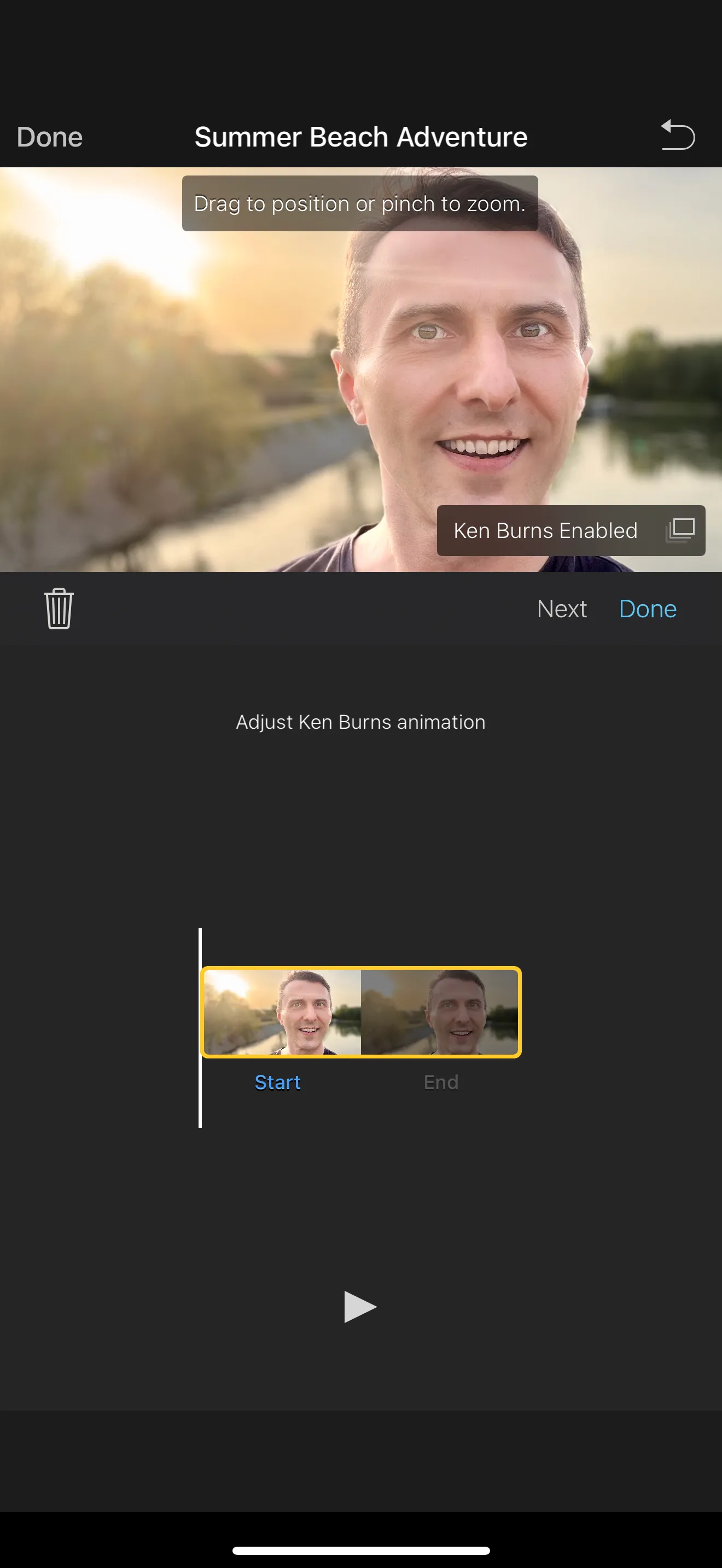 Giao diện iMovie trên iPhone hiển thị các tùy chọn điều chỉnh cắt, phóng to và hiệu ứng Ken Burns cho hình ảnh.