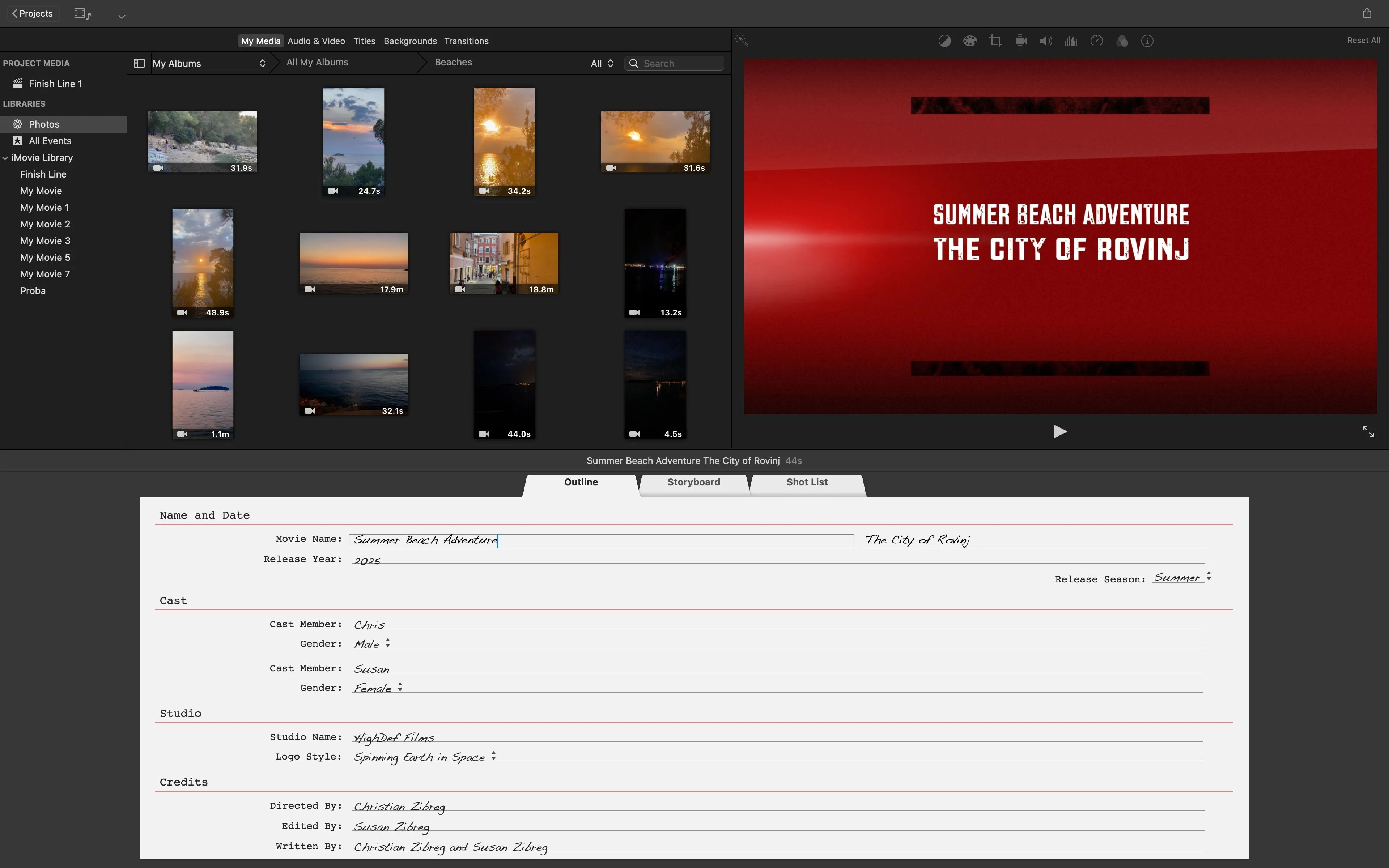 Giao diện iMovie trên Mac với tab &quot;Outline&quot; được chọn, hiển thị thông tin về diễn viên và tiêu đề trailer.