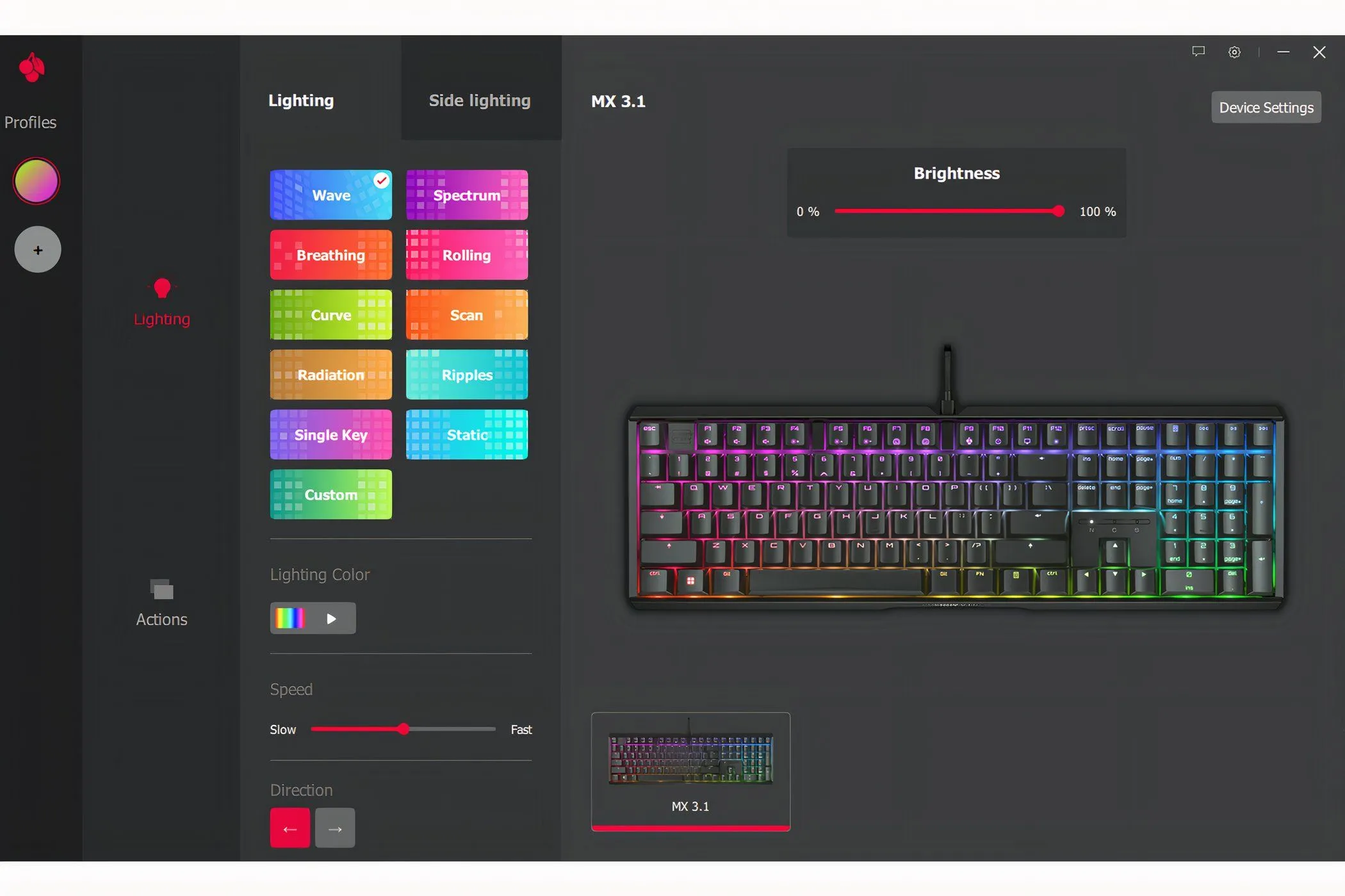Giao diện phần mềm Cherry Utility điều chỉnh hiệu ứng đèn nền RGB của bàn phím Cherry XTRFY MX 3.1