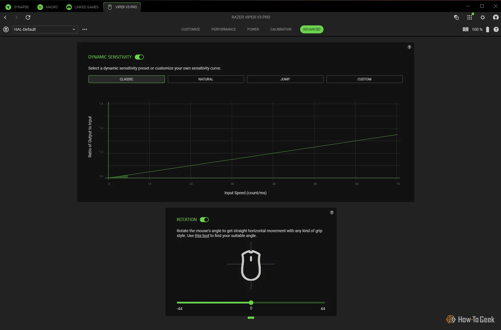 Giao diện phần mềm Razer Synapse hiển thị cài đặt đường cong gia tốc chuột cho Razer Viper V3 Pro, cho phép tùy chỉnh chuyên sâu.