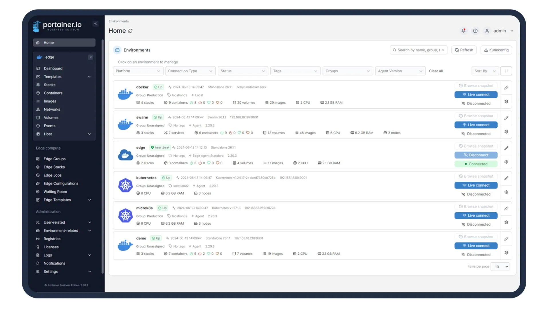 Giao diện quản lý web dashboard của Portainer cho Docker