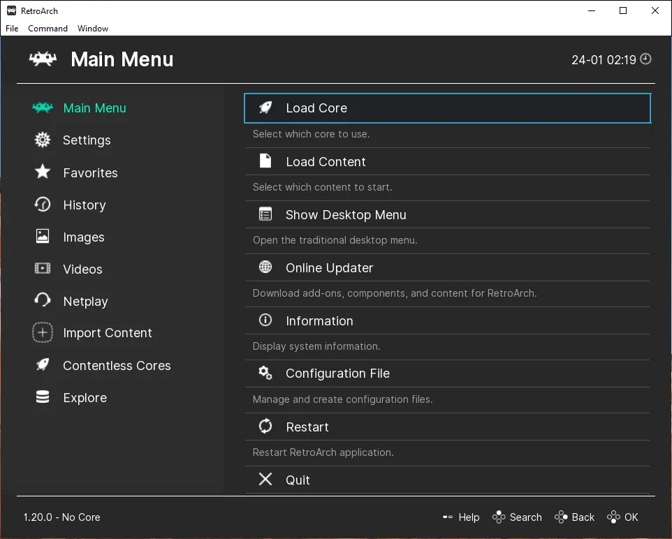 Giao diện RetroArch mặc định ban đầu