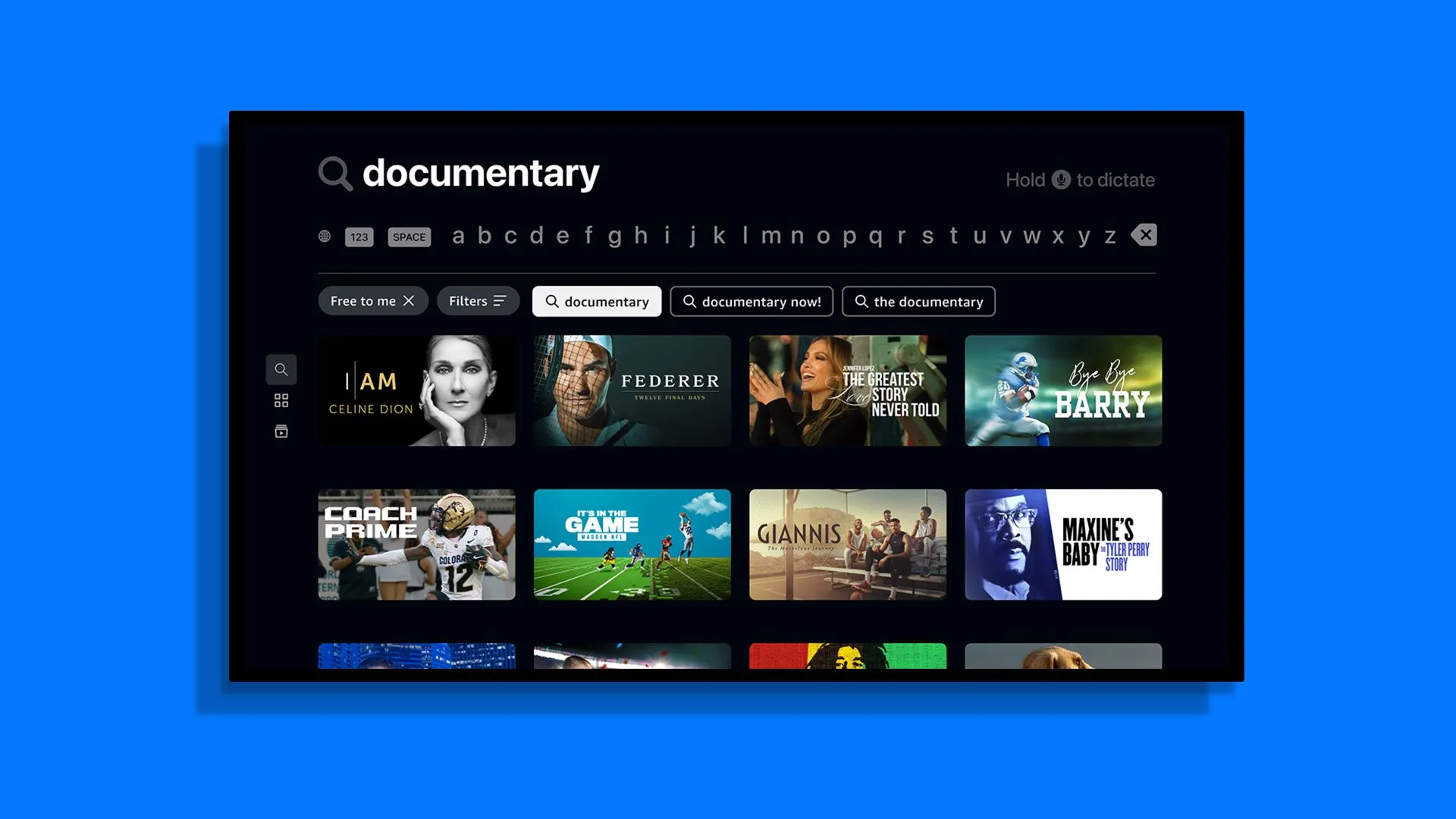 Giao diện tìm kiếm của ứng dụng Amazon Prime Video trên Apple TV, hiển thị các lựa chọn tìm kiếm và đề xuất nội dung
