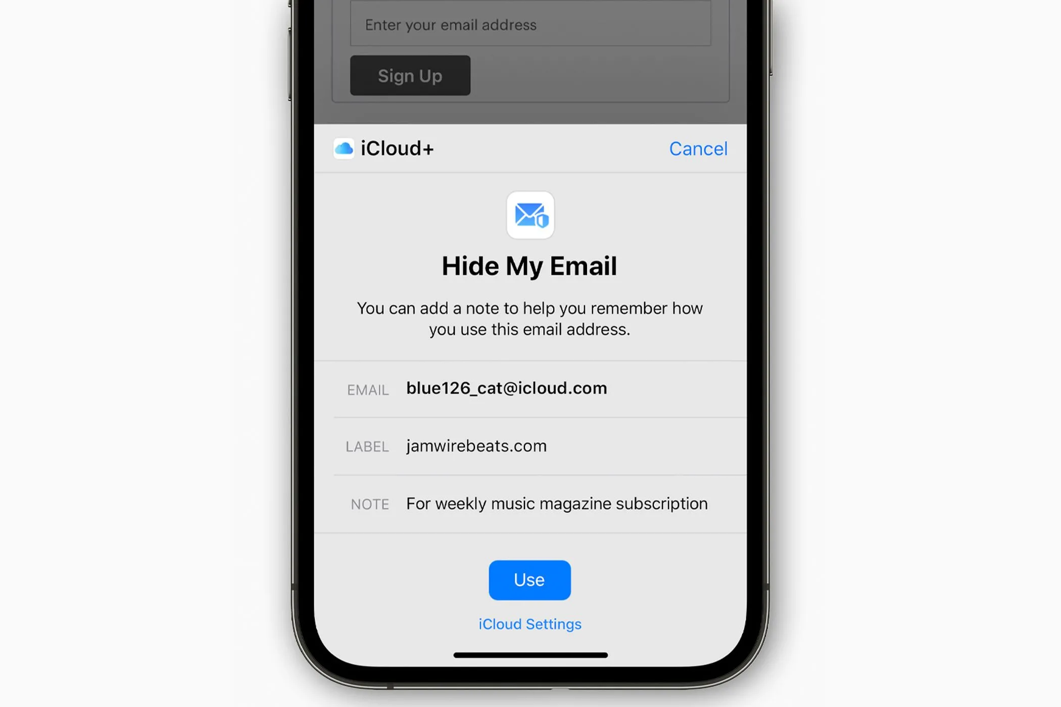 Giao diện tính năng &quot;Ẩn Địa Chỉ Email&quot; (Hide My Email) của Apple trên iPhone, hiển thị tùy chọn tạo địa chỉ email ngẫu nhiên