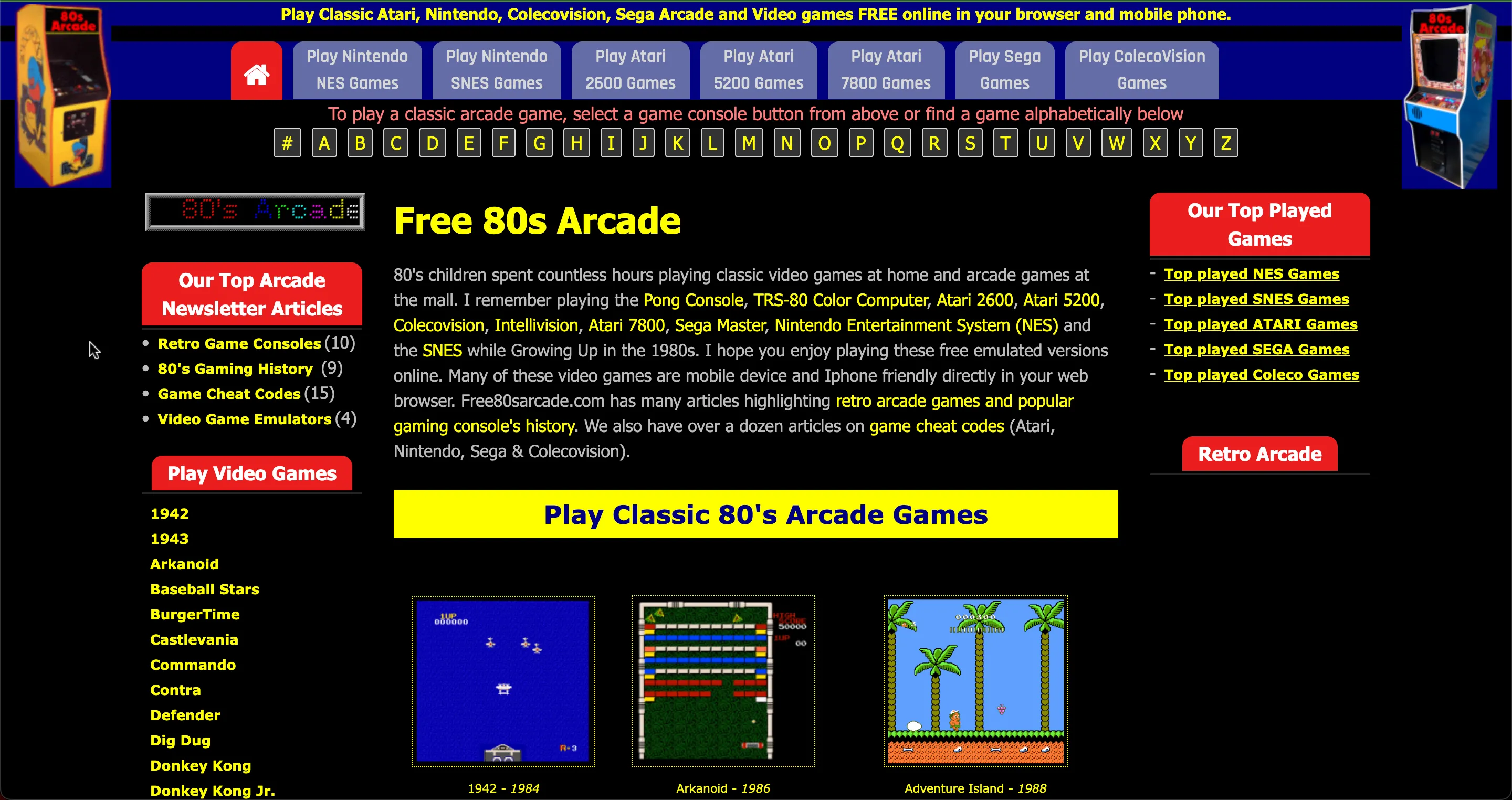 Giao diện trang chủ Free80sArcade với nhiều tựa game retro