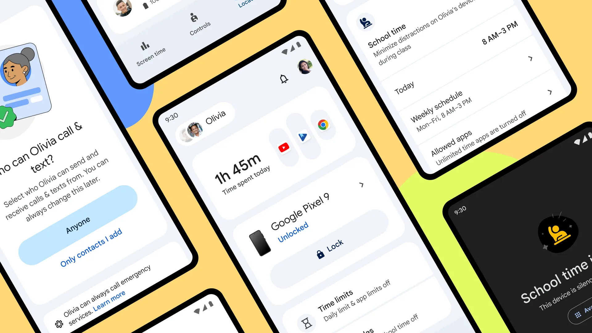 Giao diện ứng dụng Google Family Link trên điện thoại, hiển thị các tùy chọn kiểm soát và quản lý thiết bị của trẻ em