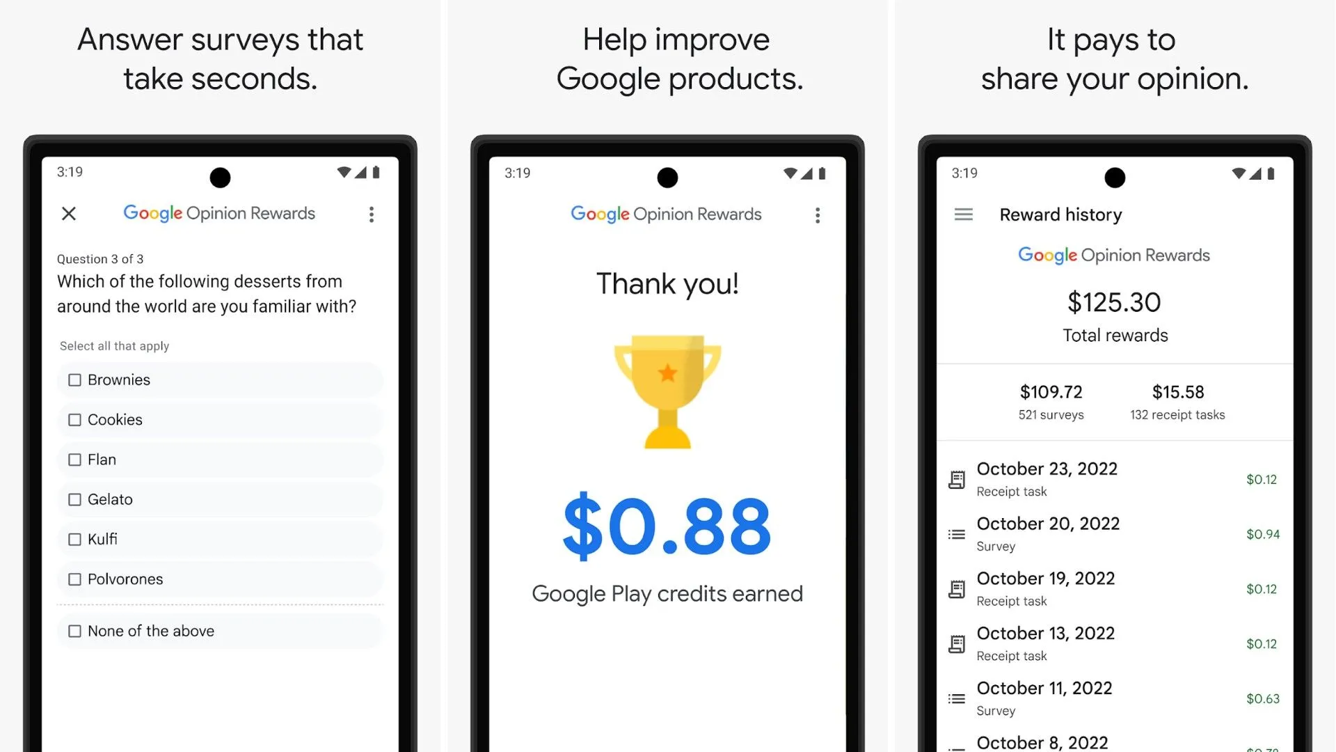 Giao diện ứng dụng Google Opinion Rewards hiển thị người dùng đang hoàn thành khảo sát để nhận tiền thưởng