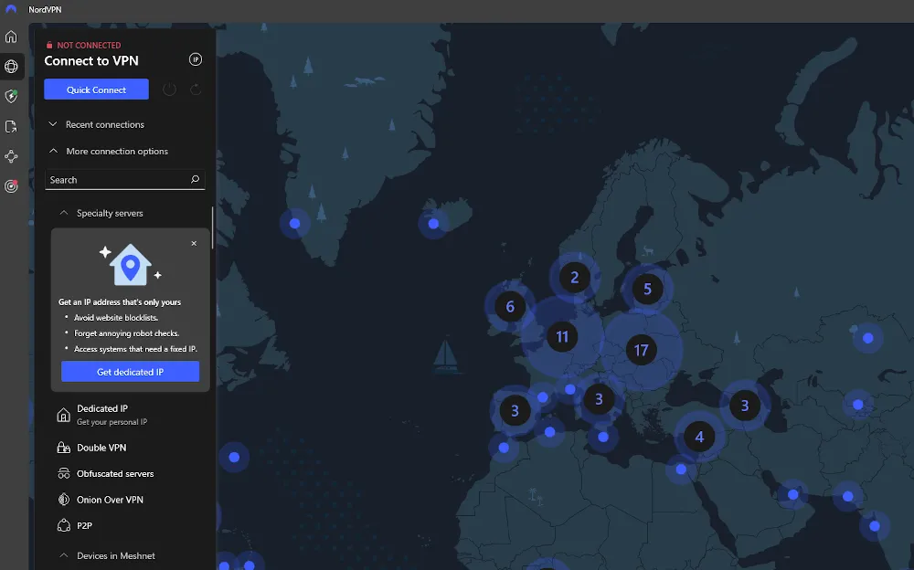 Giao diện ứng dụng NordVPN hiển thị bản đồ thế giới với các điểm kết nối VPN.