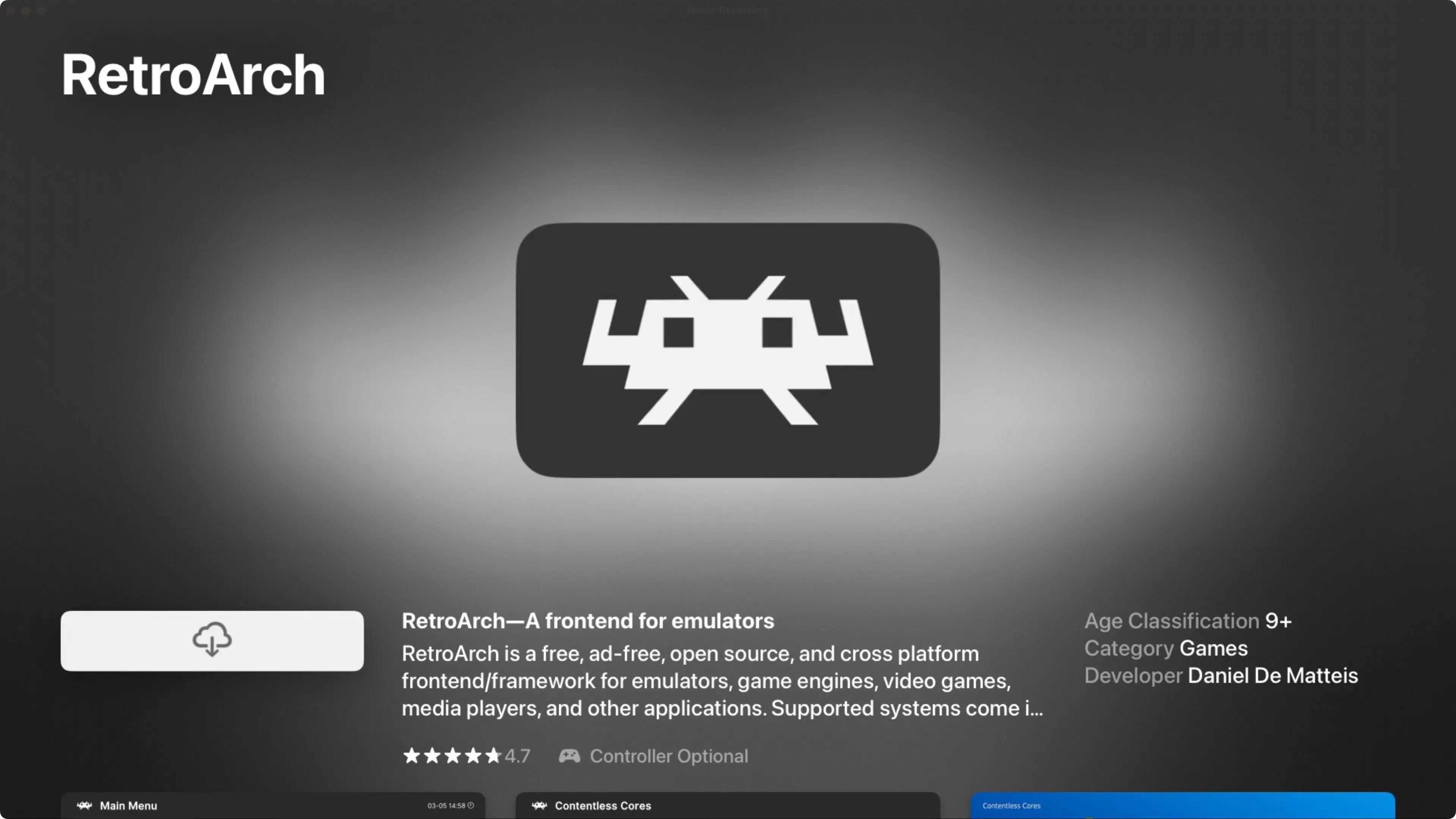 Giao diện ứng dụng RetroArch trên App Store của tvOS, hiển thị sẵn sàng cài đặt cho giả lập game retro