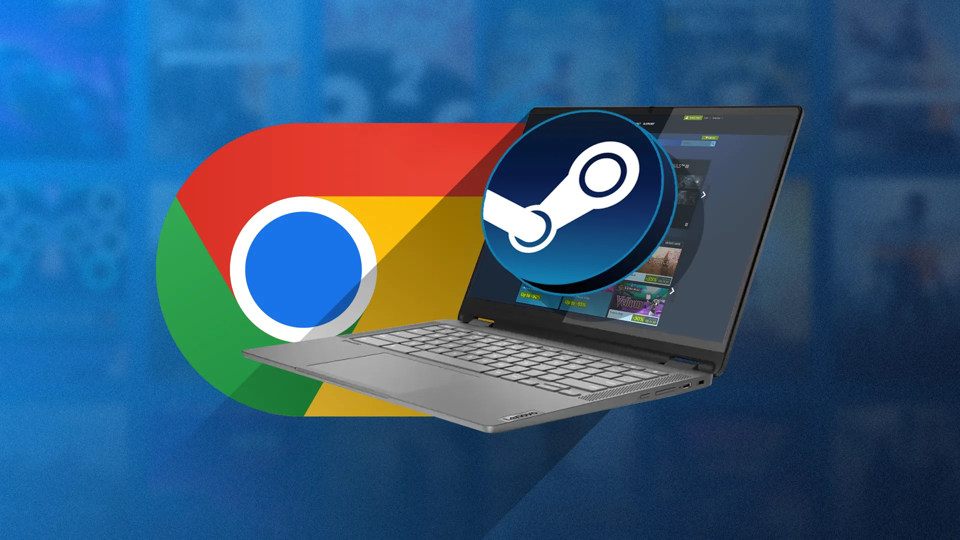 Giao diện ứng dụng Steam đang mở trên màn hình Chromebook, kèm logo Steam và Chrome