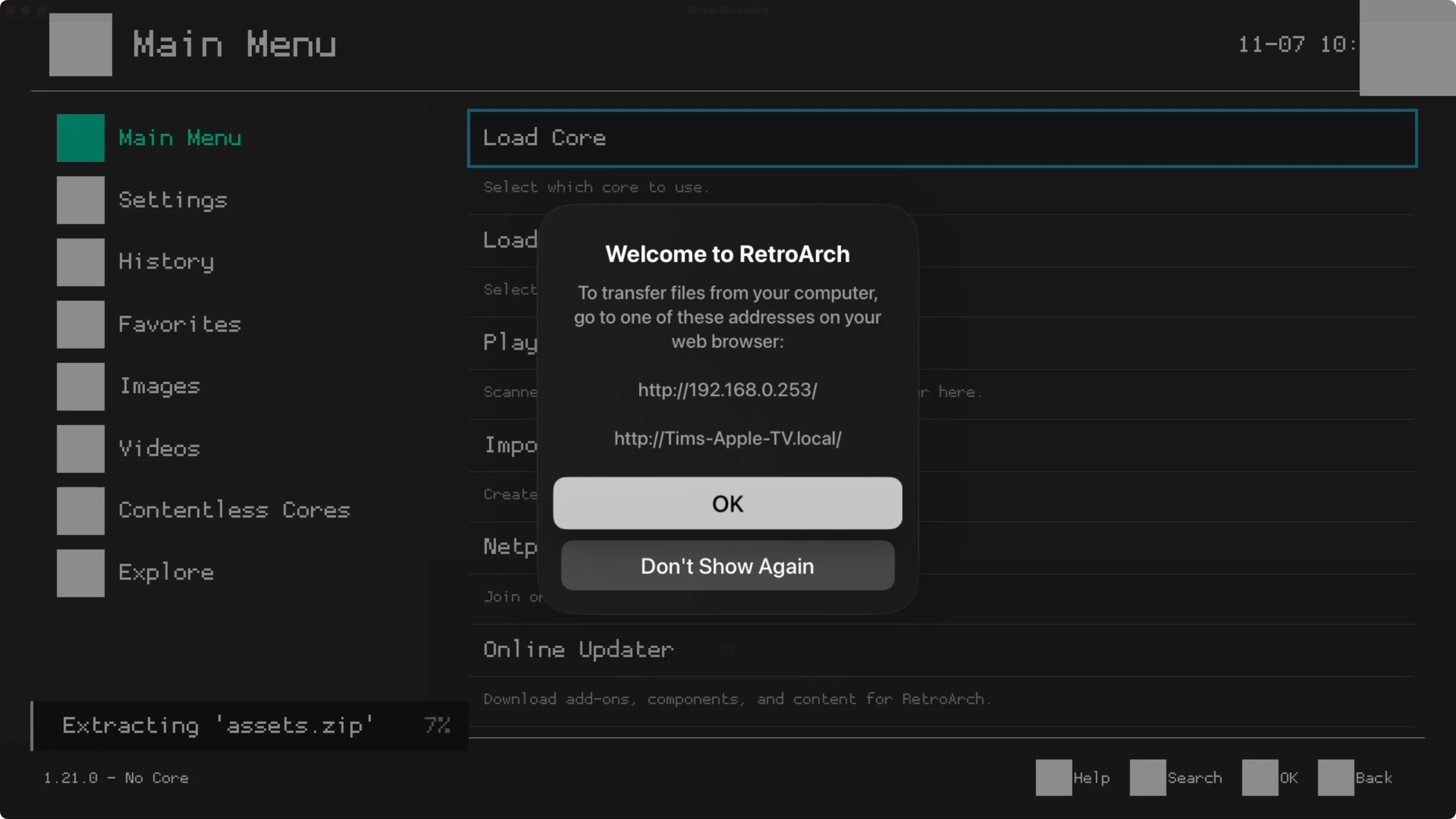 Giao diện web trên máy tính hướng dẫn chuyển file ROM và BIOS vào RetroArch trên Apple TV qua mạng nội bộ