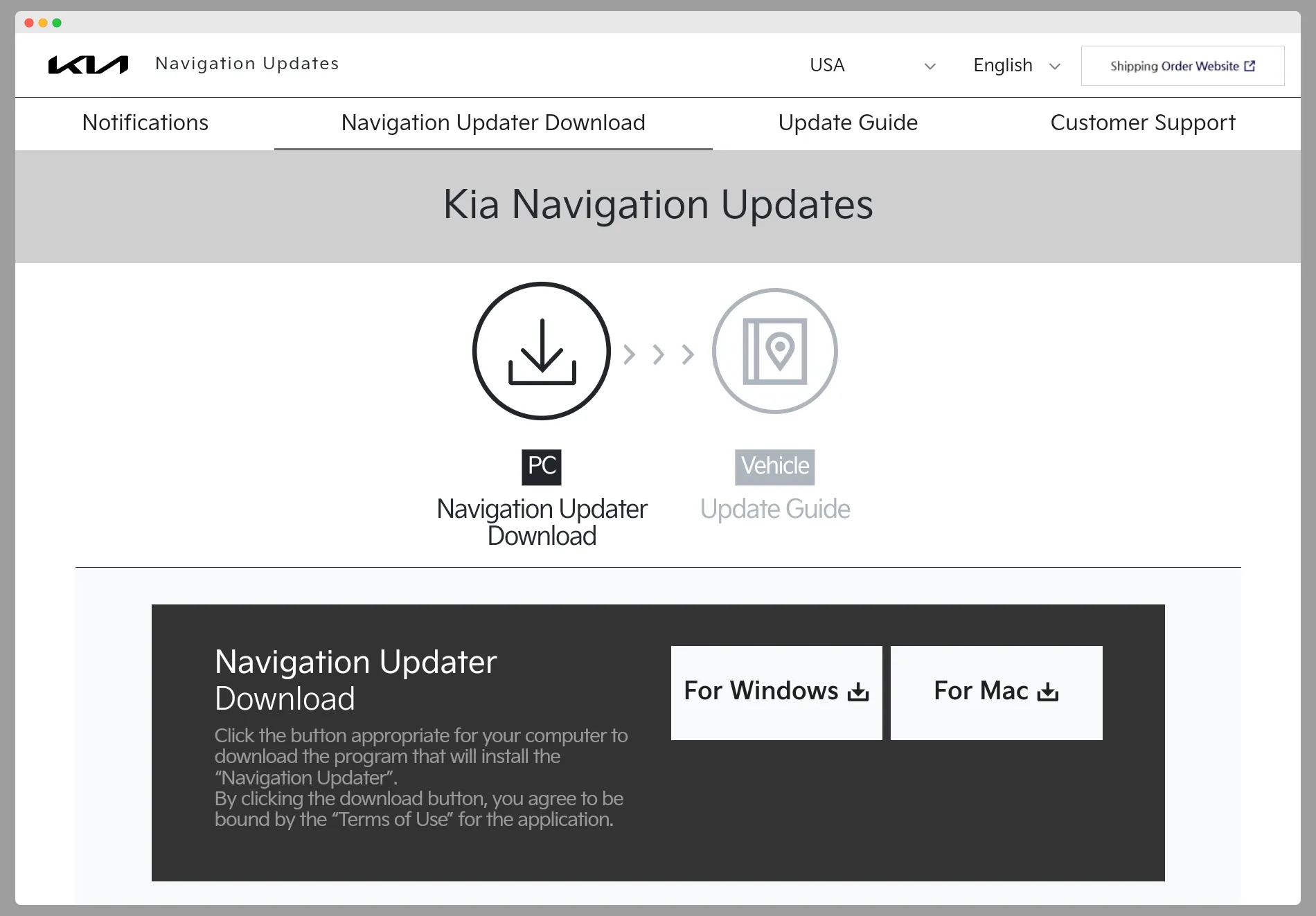Giao diện website Kia hiển thị công cụ tải phần mềm cập nhật định vị, thường chỉ hỗ trợ hệ điều hành Windows hoặc Mac.