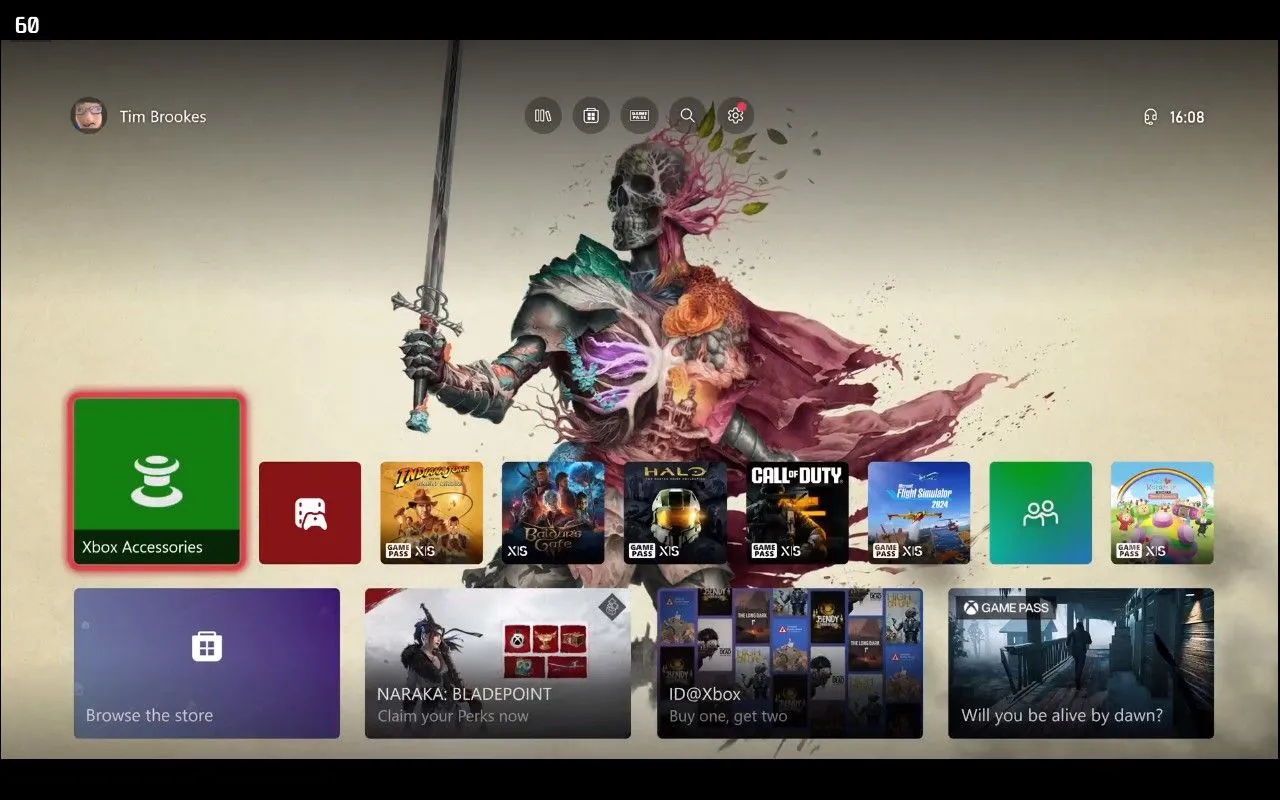 Giao diện Xbox dashboard được chiếu trên màn hình, minh họa trải nghiệm người dùng thân thiện trên hệ máy console.