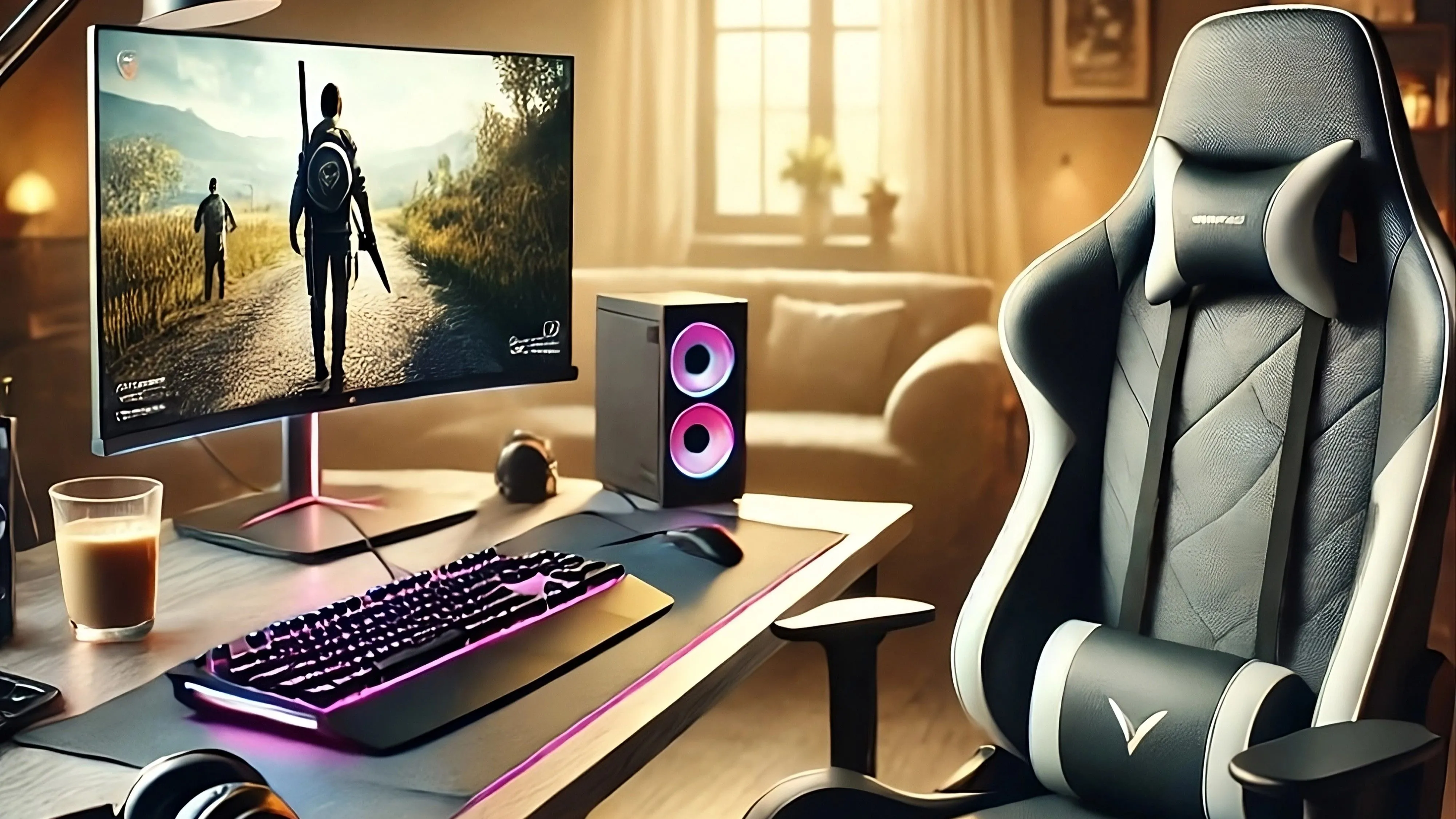 Góc làm việc với máy tính chơi game hiện đại và cà phê, cho thấy việc tự xây dựng PC ngày càng dễ dàng