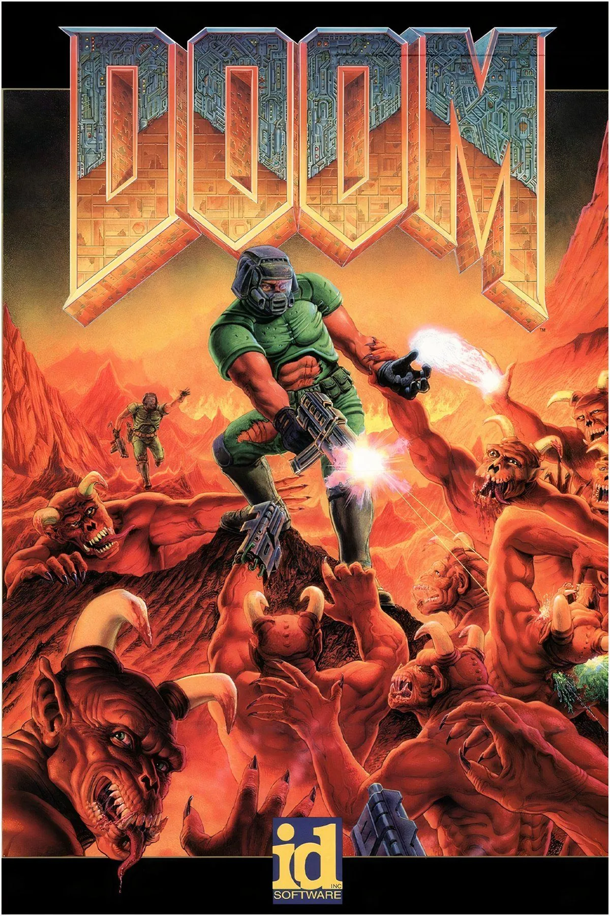 Góc nhìn thứ nhất trong game Doom cổ điển, quái vật xuất hiện trong môi trường tối tăm.