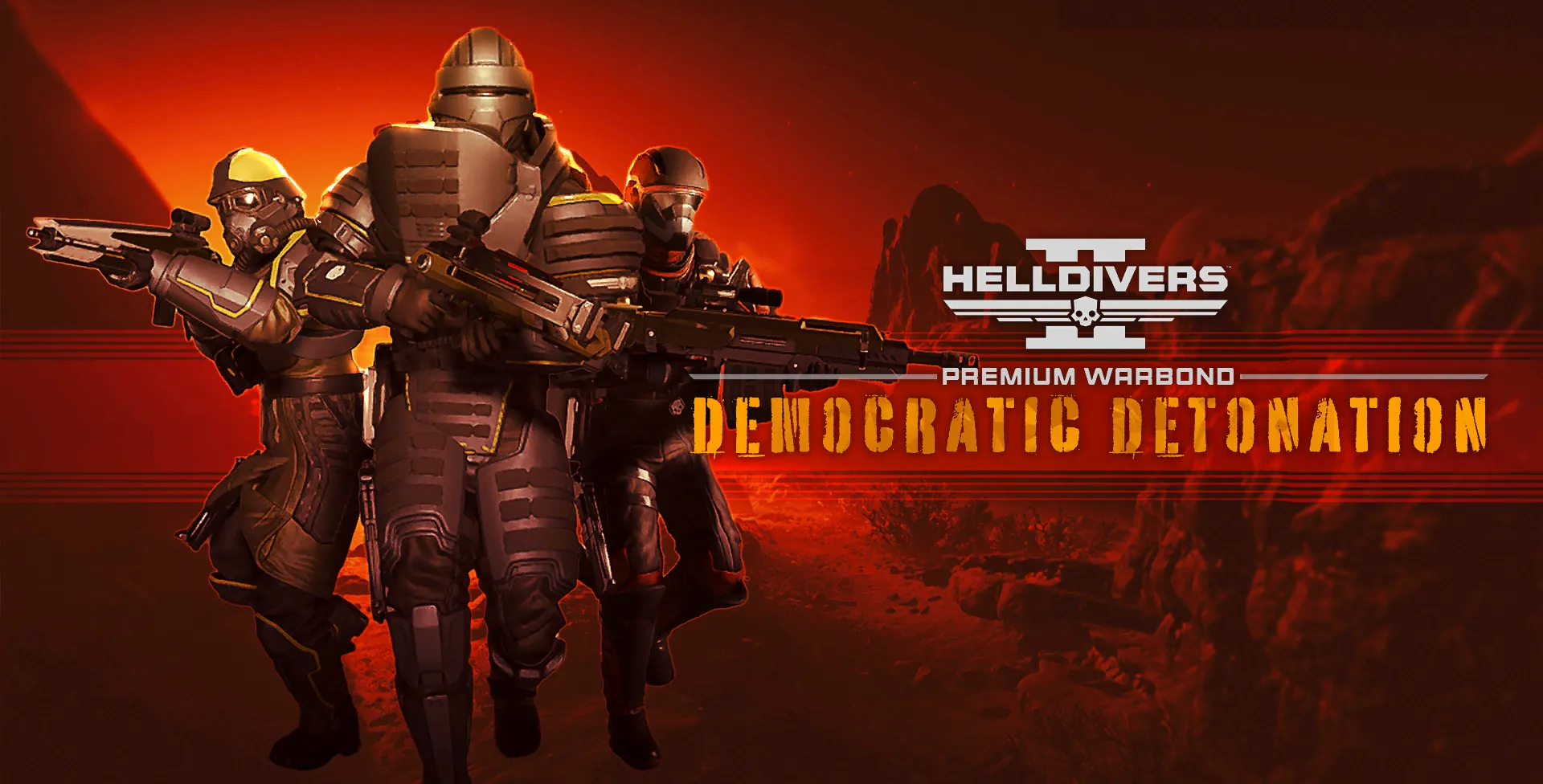 Gói Warbond Democratic Detonation trong Helldivers 2 với hình ảnh vụ nổ và vũ khí chuyên về chất nổ