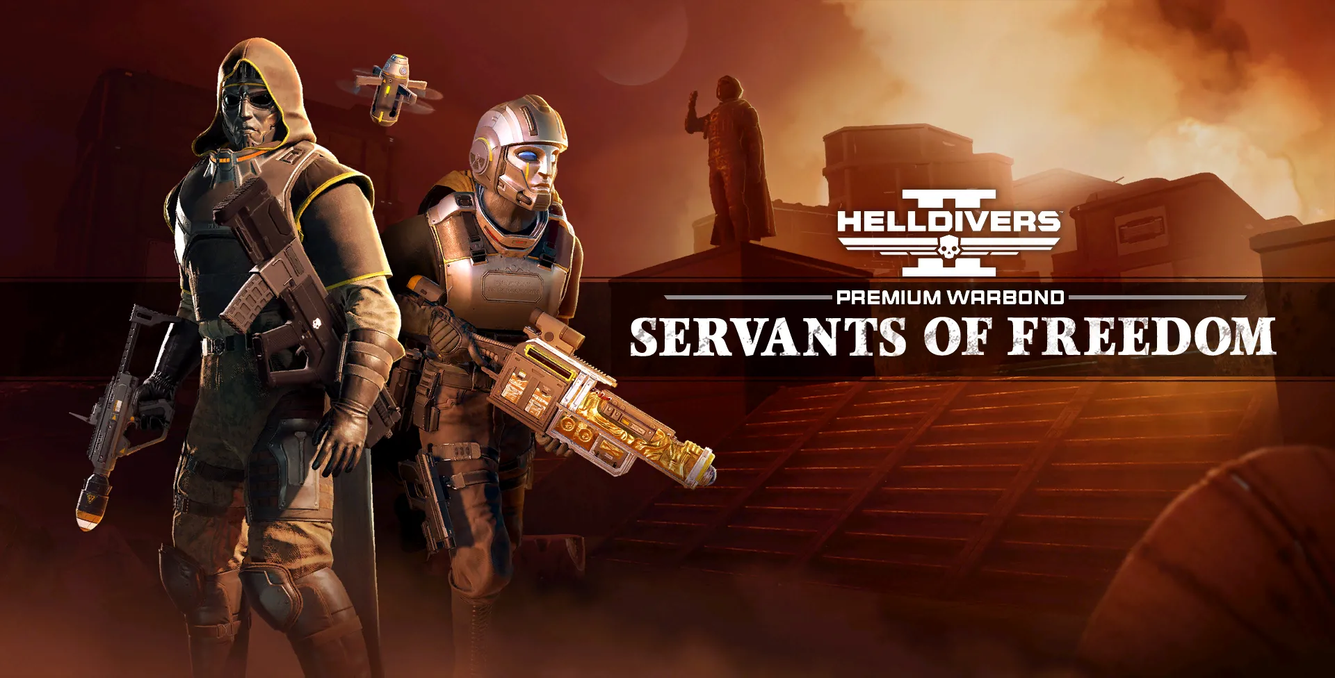 Gói Warbond Servants of Freedom trong Helldivers 2 với hình ảnh chiến binh và vũ khí gây nổ lớn