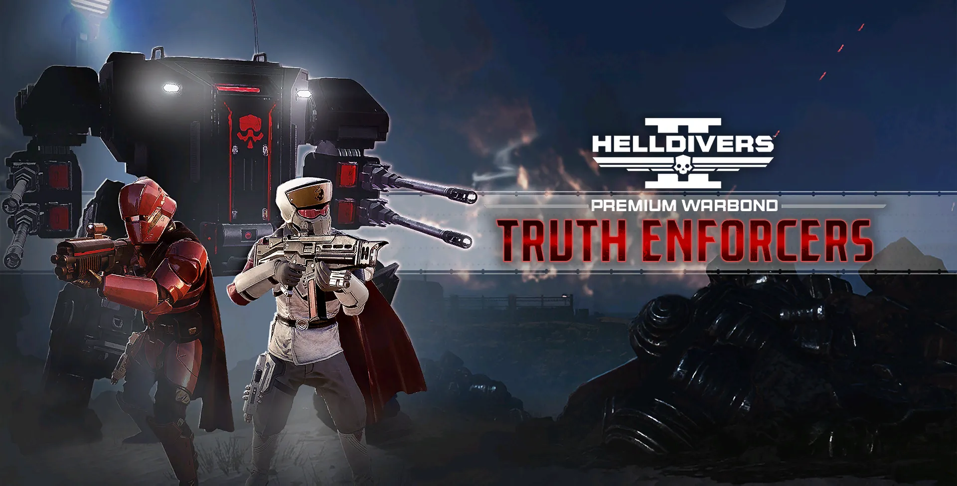 Gói Warbond Truth Enforcers trong Helldivers 2 với hình ảnh vũ khí đặc trưng như shotgun và plasma pistol
