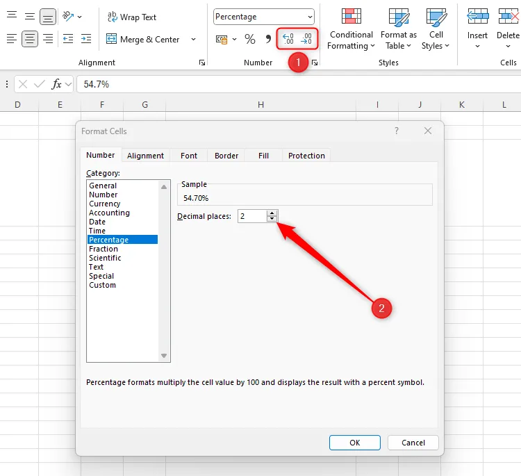 Hai cách thay đổi số thập phân cho định dạng phần trăm trong Excel: qua biểu tượng trên ribbon và hộp thoại Format Cells