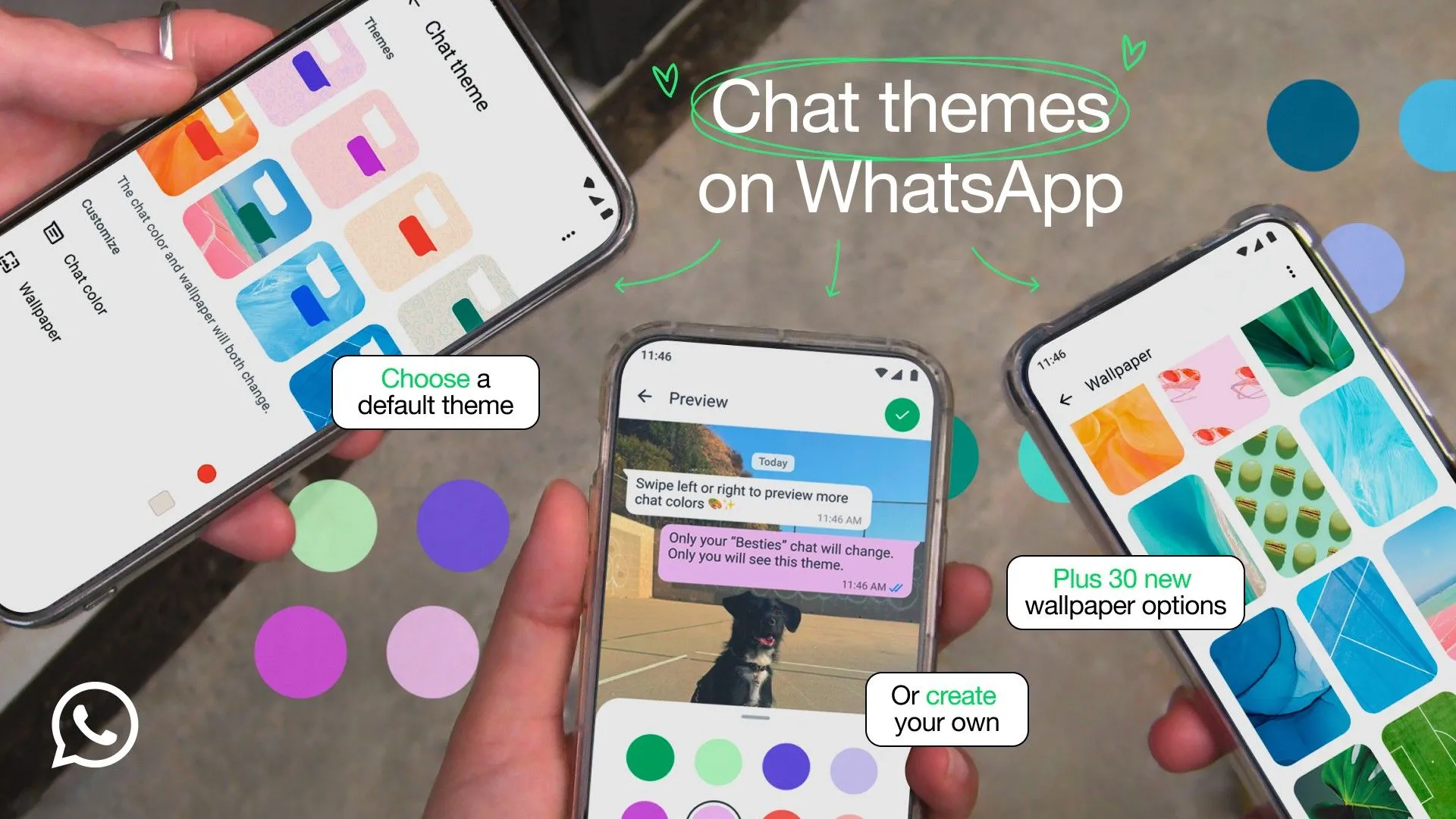Hai chiếc điện thoại hiển thị giao diện WhatsApp với các chủ đề trò chuyện khác nhau, được một người giữ bằng tay