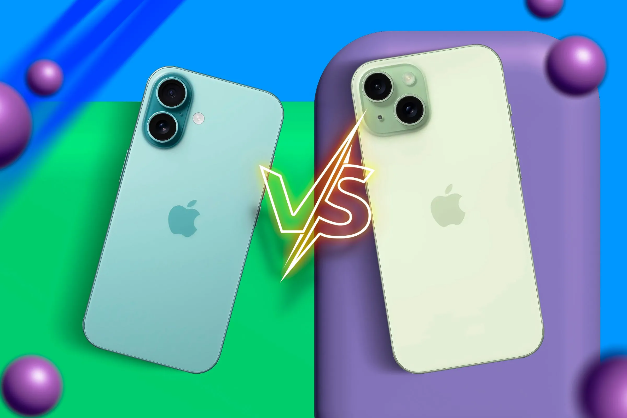 Hai chiếc iPhone 15 màu Ultramarine và Xanh lá cây với biểu tượng so sánh.