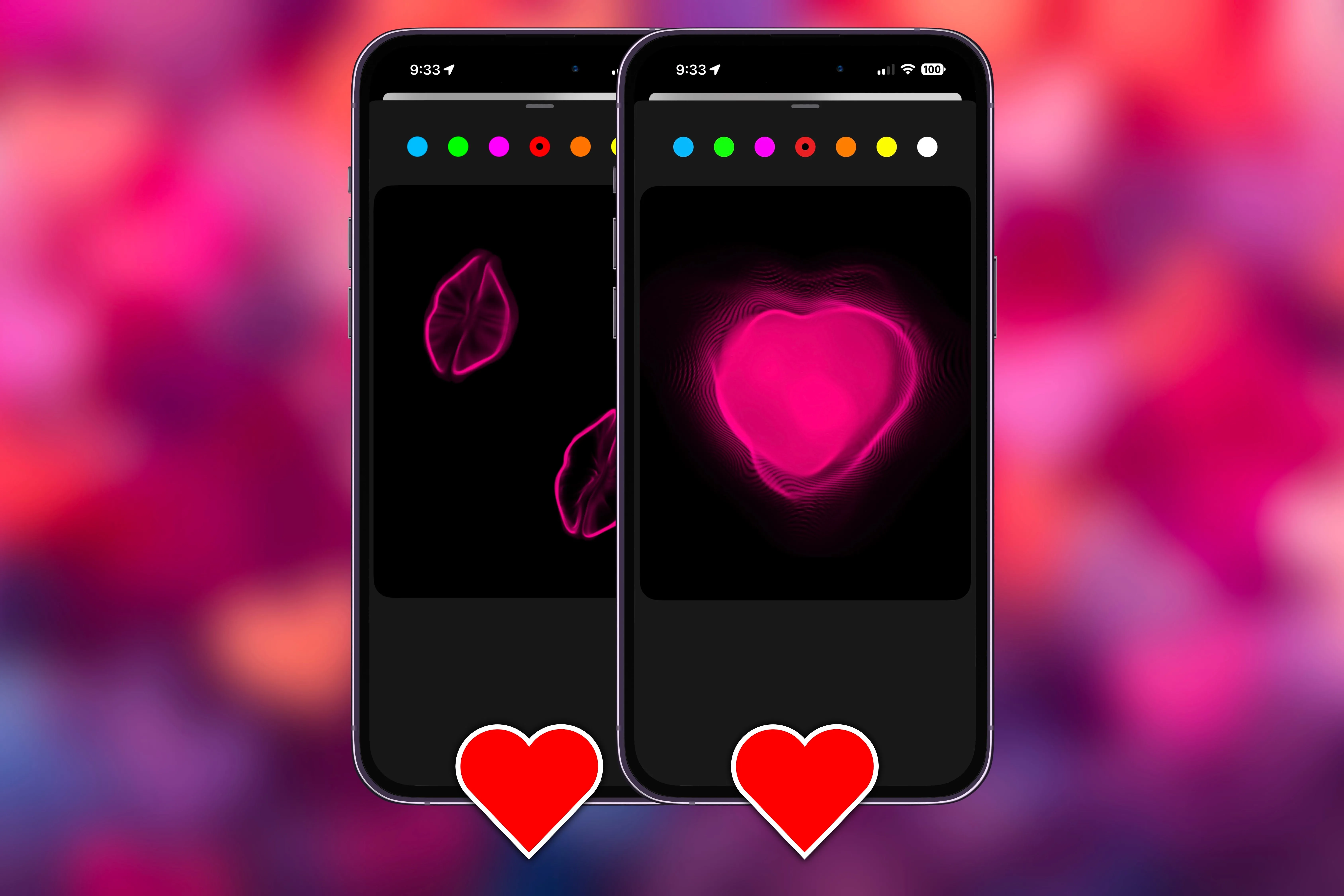 Hai điện thoại iPhone minh họa tính năng Digital Touch trong iMessage với hình ảnh nụ hôn hoạt hình và nhịp tim rung động trên nền đen, thể hiện tình cảm số hóa một cách độc đáo.