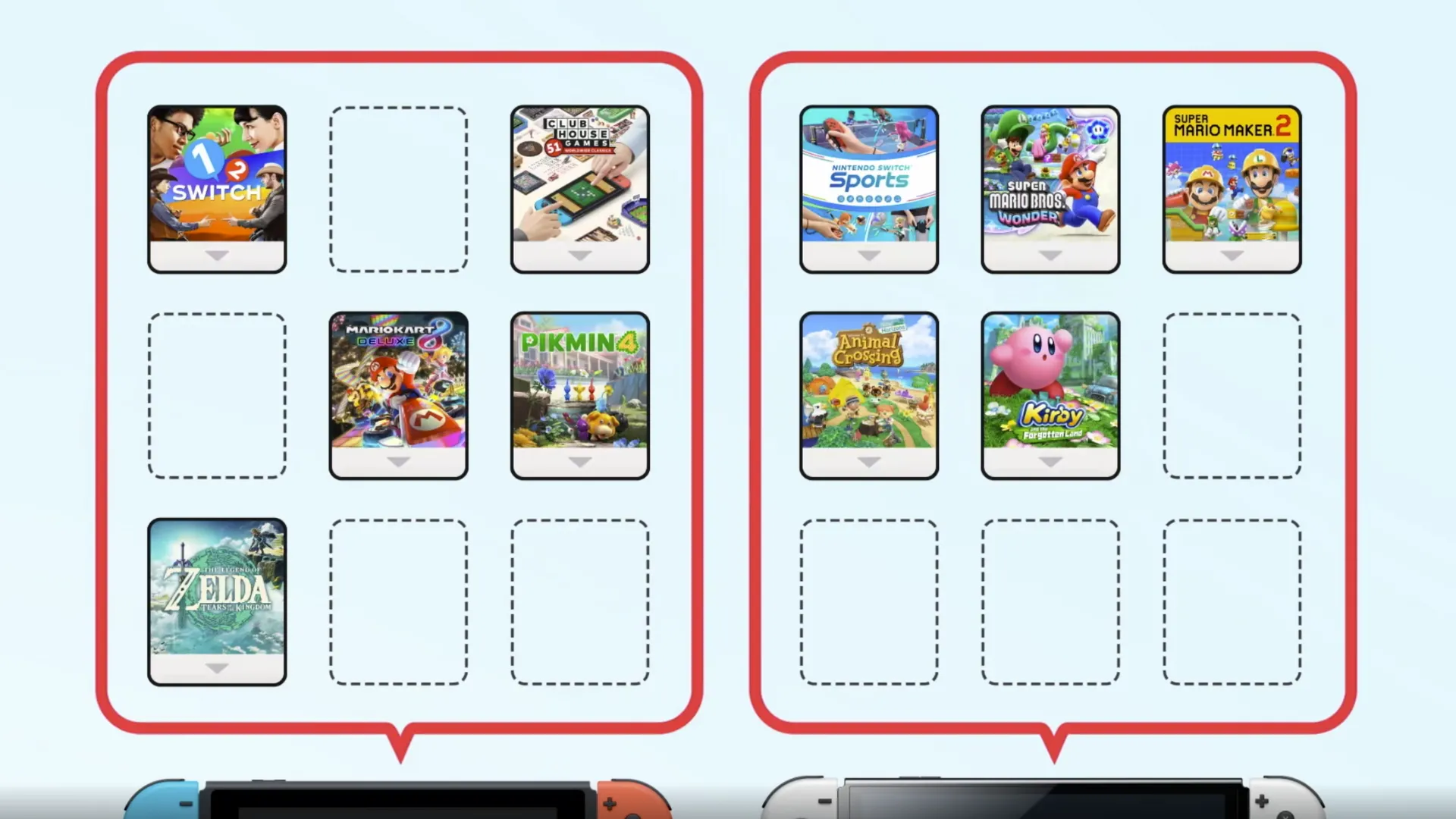 Hai hệ máy Nintendo đang trao đổi thẻ game ảo (virtual game card), tượng trưng cho việc mua và tải game kỹ thuật số từ Nintendo eShop.