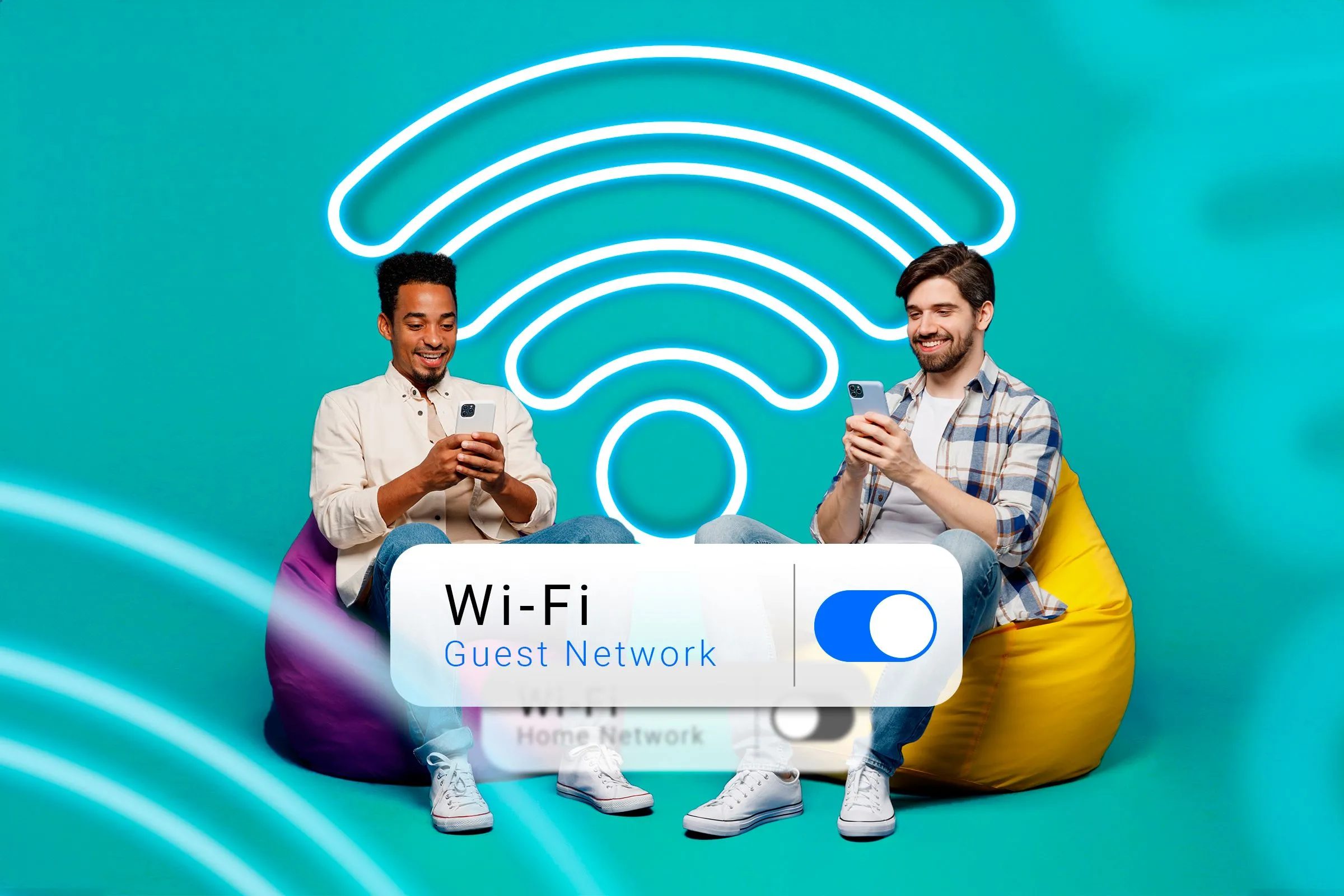 Hai người dùng điện thoại kết nối Wi-Fi, biểu tượng Wi-Fi khách đang hoạt động, minh họa lợi ích của việc sử dụng mạng khách an toàn.