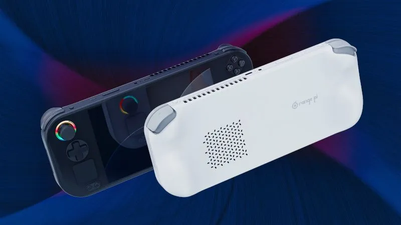 Hai thiết bị chơi game cầm tay Orange Pi Neo, một đen và một trắng, nổi bật với hệ điều hành Manjaro Linux.