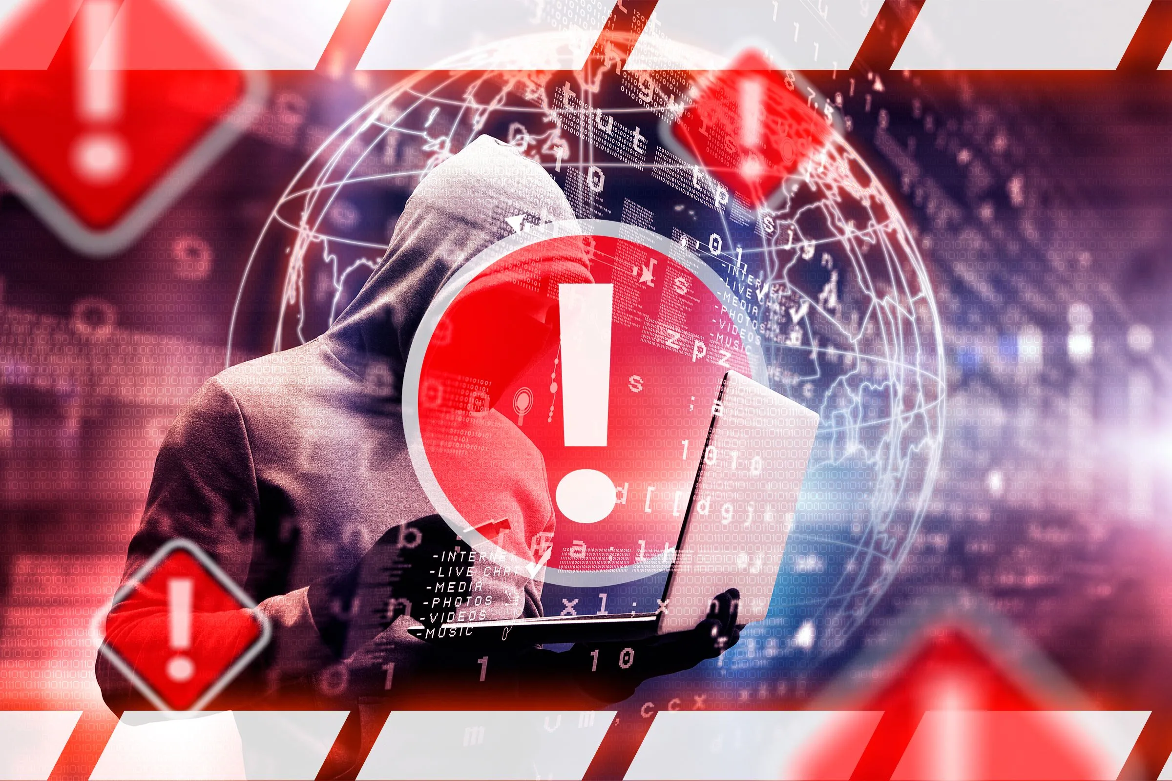 Hình ảnh ẩn dụ hacker đang tấn công dữ liệu trên laptop, minh họa nguy cơ rò rỉ thông tin cá nhân.
