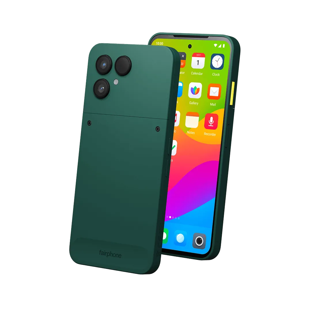 Hình ảnh cận cảnh mặt sau của Murena Fairphone 6 màu xanh mint, hiển thị các thành phần mô-đun được thiết kế để dễ dàng tháo lắp và sửa chữa.