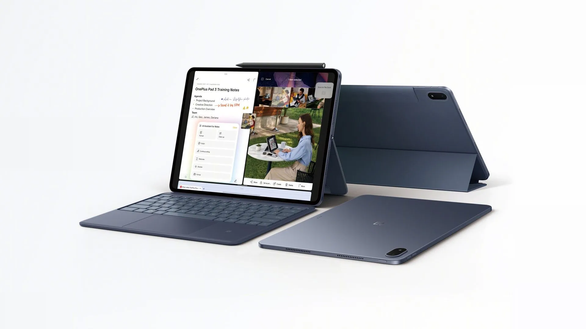 Hình ảnh cận cảnh máy tính bảng OnePlus Pad 3 màu xanh Storm Blue, làm nổi bật thiết kế thanh lịch và cụm camera được tối ưu.