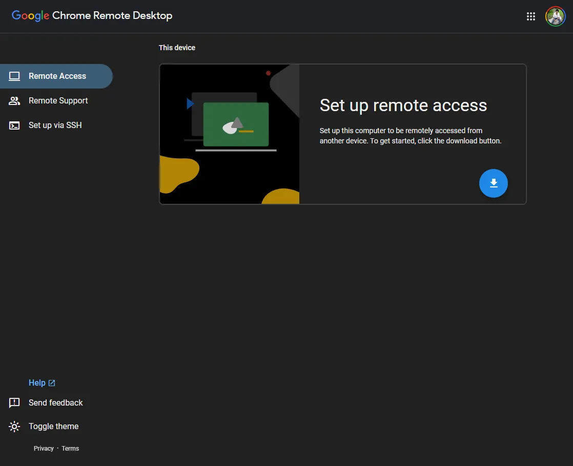 Hình ảnh màn hình hướng dẫn tải xuống công cụ cài đặt Chrome Remote Desktop trên trình duyệt Google Chrome.