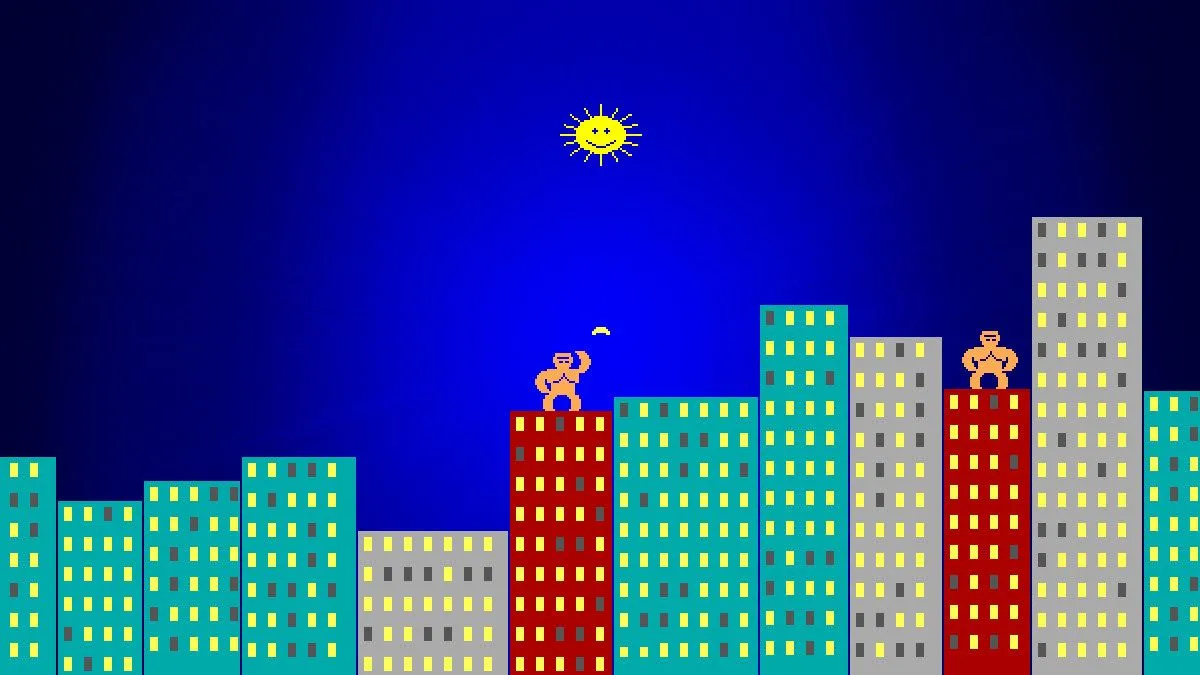 Hình ảnh màn hình trò chơi kinh điển Gorillas trên MS-DOS, minh họa sự phổ biến của các game DOS thời kỳ đầu.
