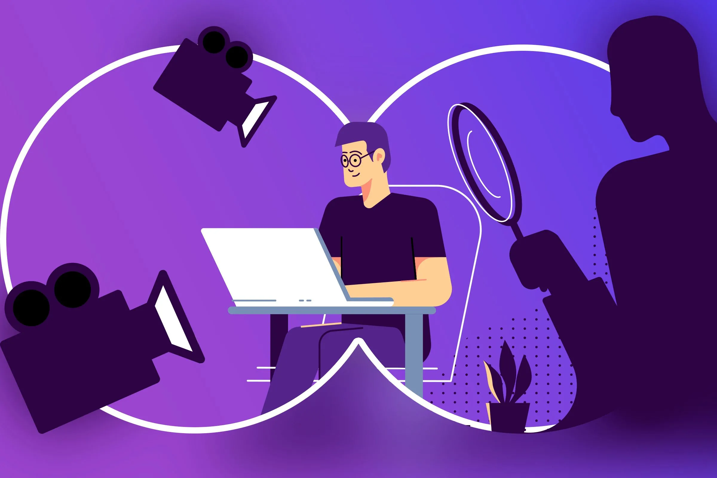 Hình ảnh minh họa người dùng laptop bị giám sát bởi nhiều camera và một người khác, thể hiện việc quản trị viên mạng có thể theo dõi hoạt động trực tuyến.