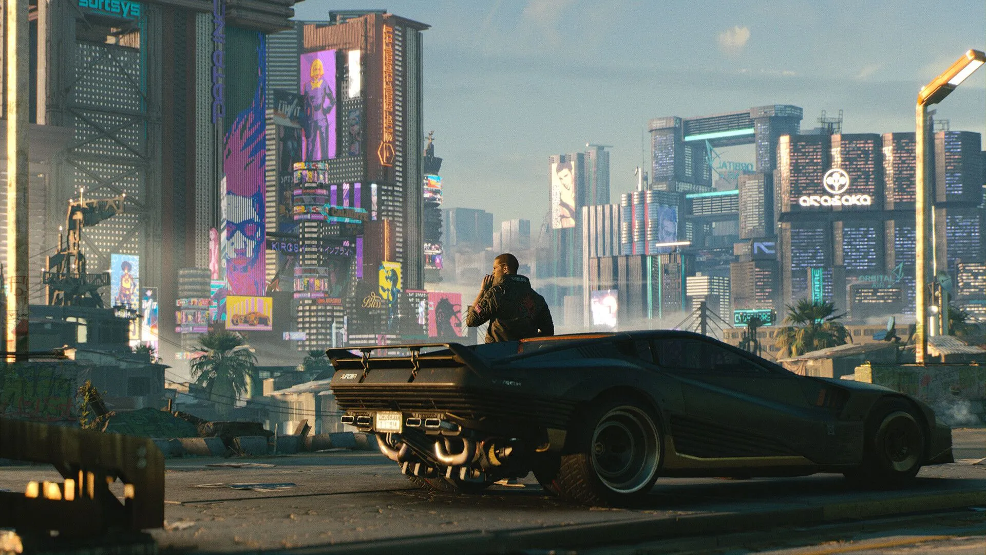 Hình ảnh quảng bá của Cyberpunk 2077, một tựa game nhập vai mà công nghệ tạo khung hình có thể phát huy hiệu quả tốt nhất do ít yêu cầu chuyển động nhanh.