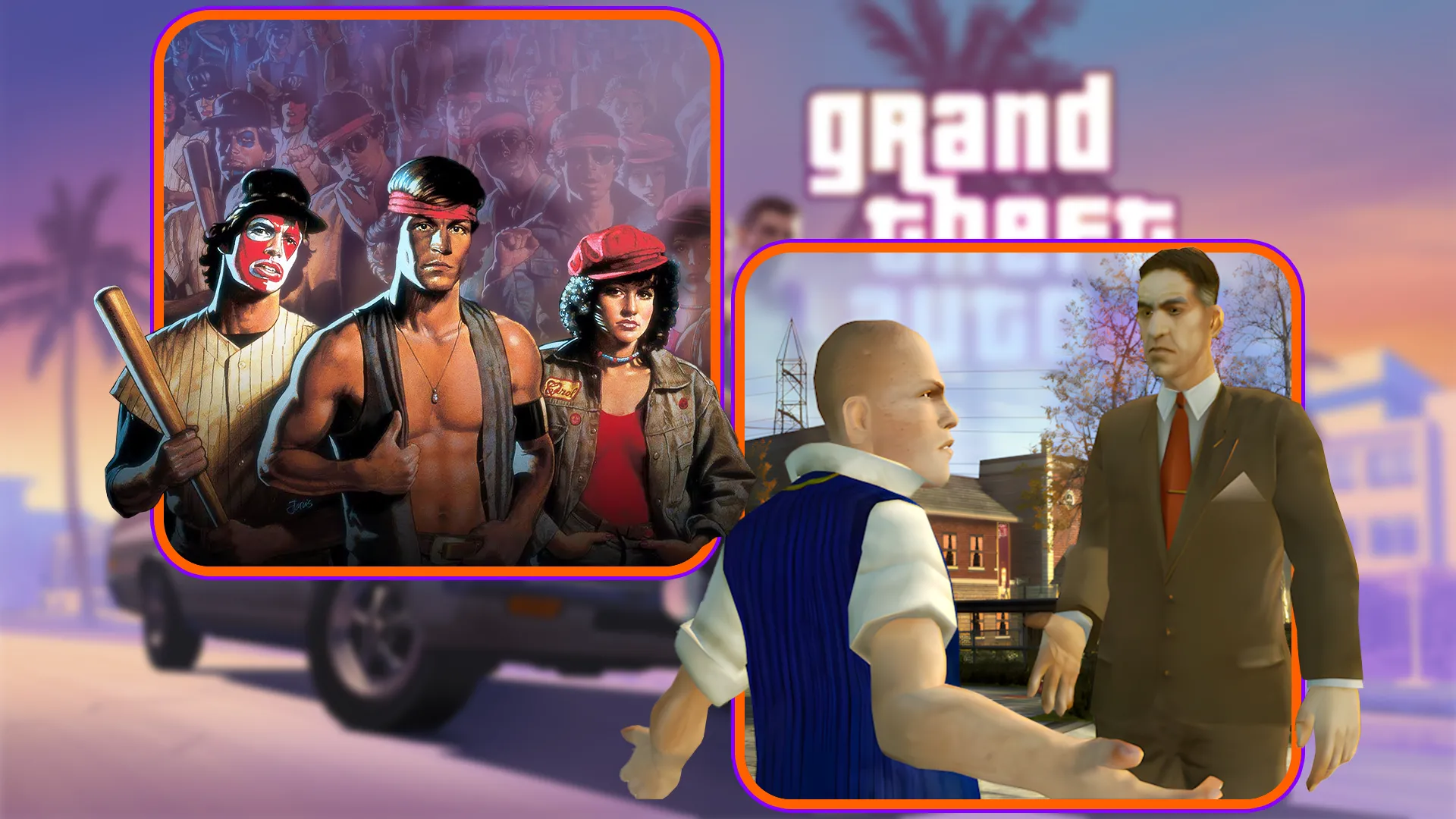 Hình ảnh quảng bá game The Warriors và Bully, cùng với logo GTA VI mờ ở hậu cảnh, thể hiện các tựa game nổi bật của Rockstar.